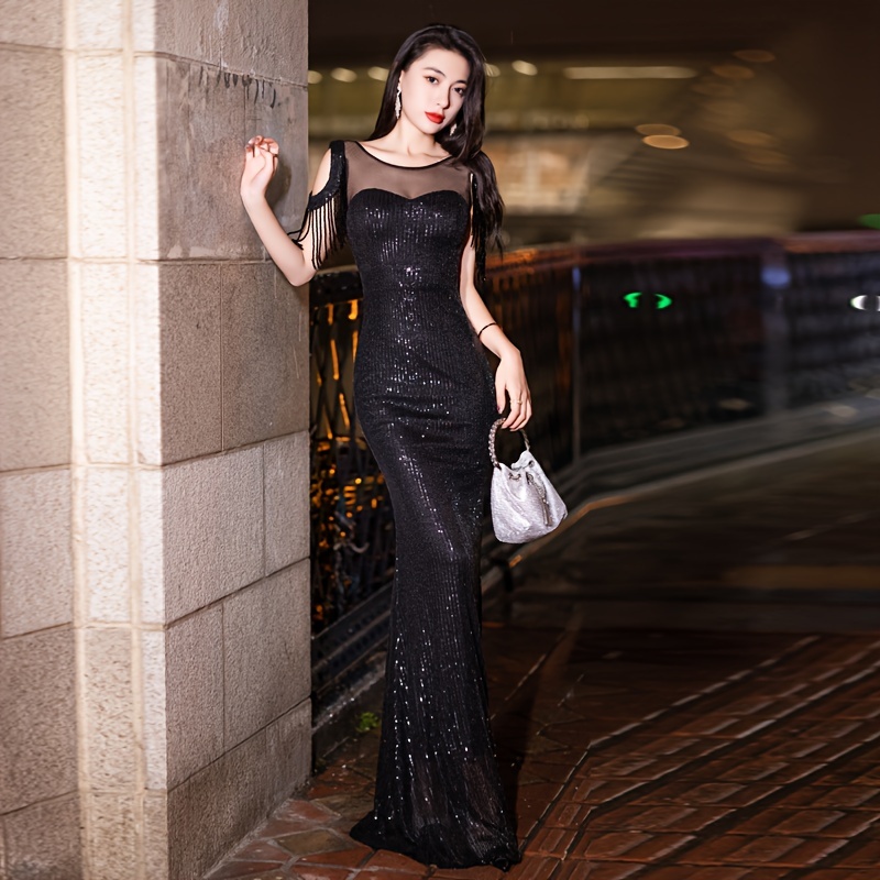 Black Evening Dress with Sequins, Fish Tail Design for Women Elegant and  Sophisticated Hostess Gown