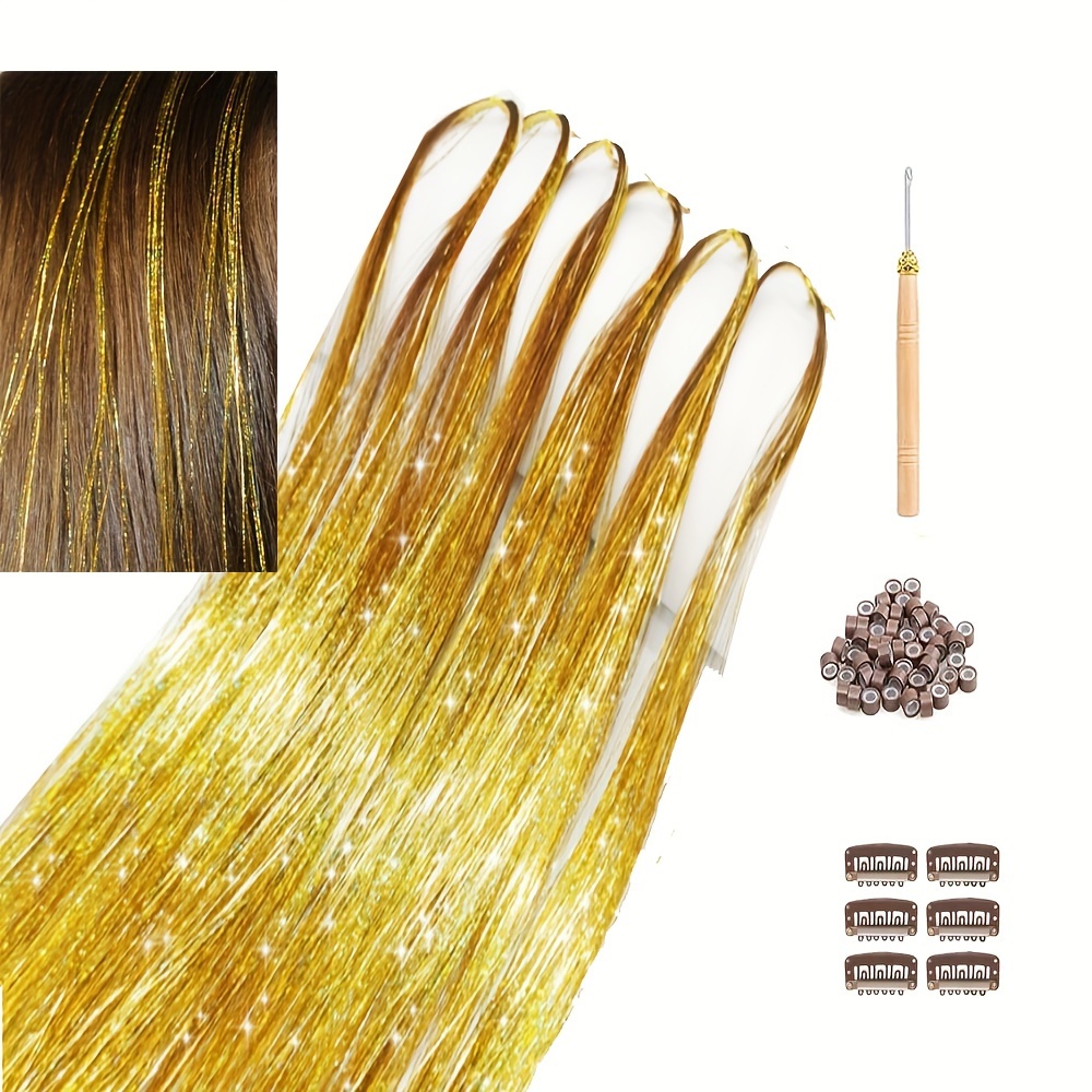Hair Tinsel Kit (48 Inch, 18 Colors, 4320 strands), Tinsel Hair Extensions  with Tools， Heat Resistant Fairy Hair Tinsel Kit for Women Girls Hair