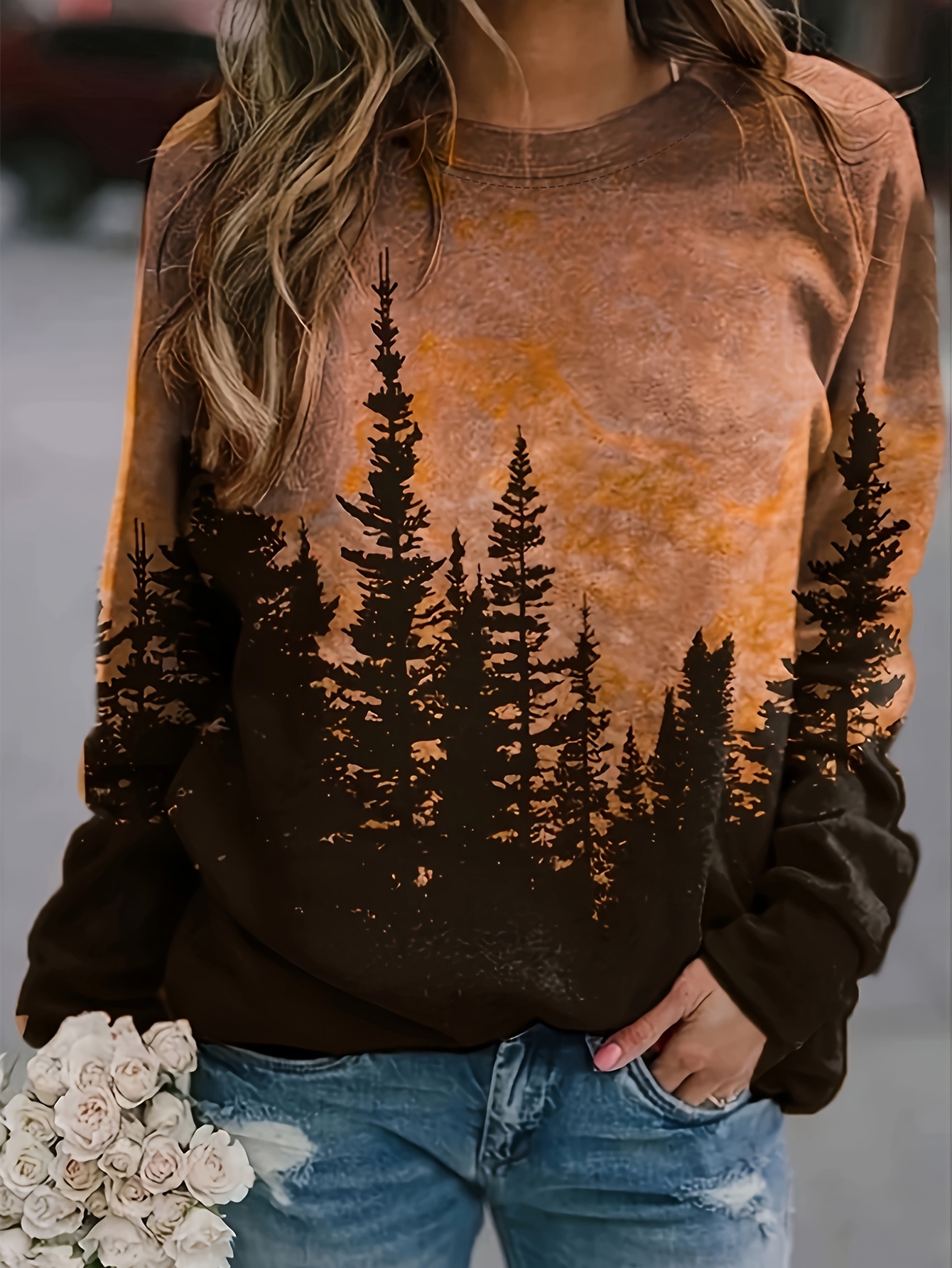 Forest Print Pullover Sweatshirt Casual Raglan Sleeve Crew Temu