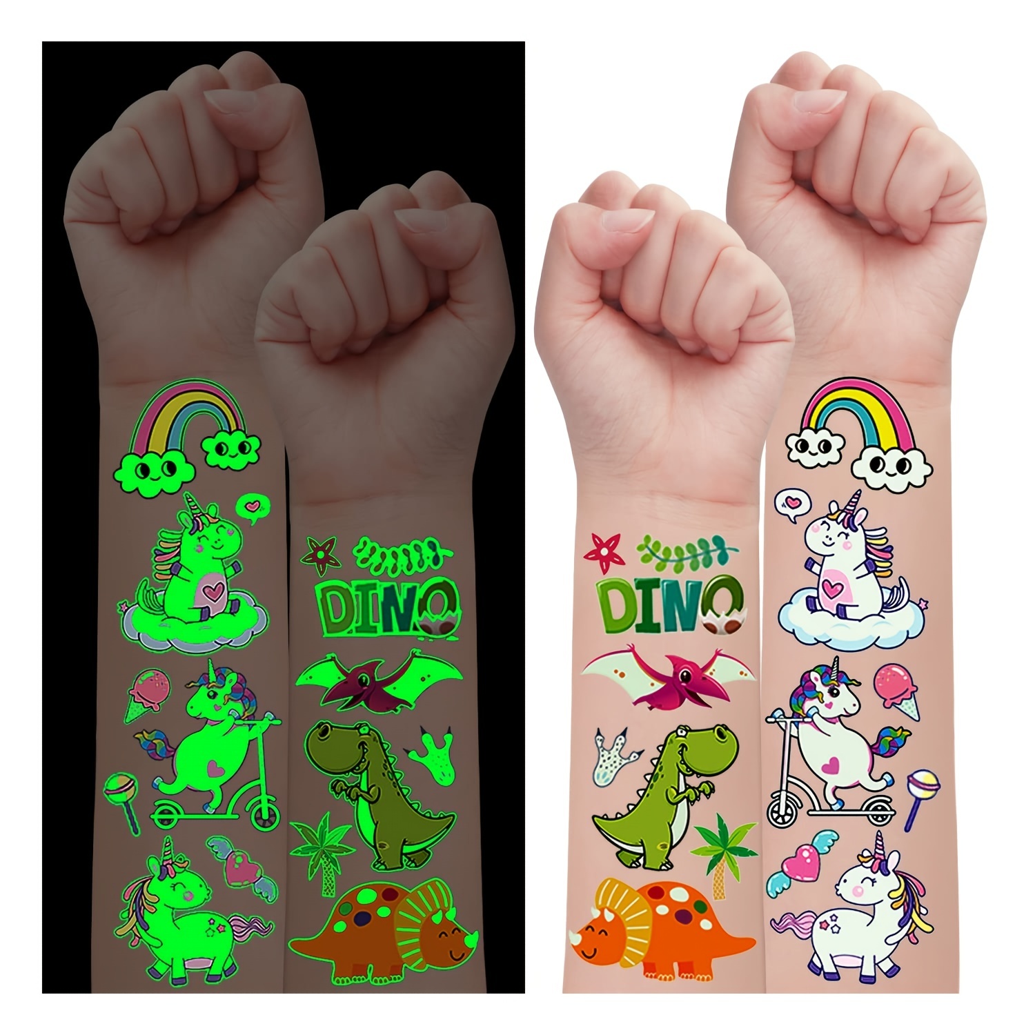 Tatuajes temporales para niños, 10 hojas de unicornio, dinosaurio