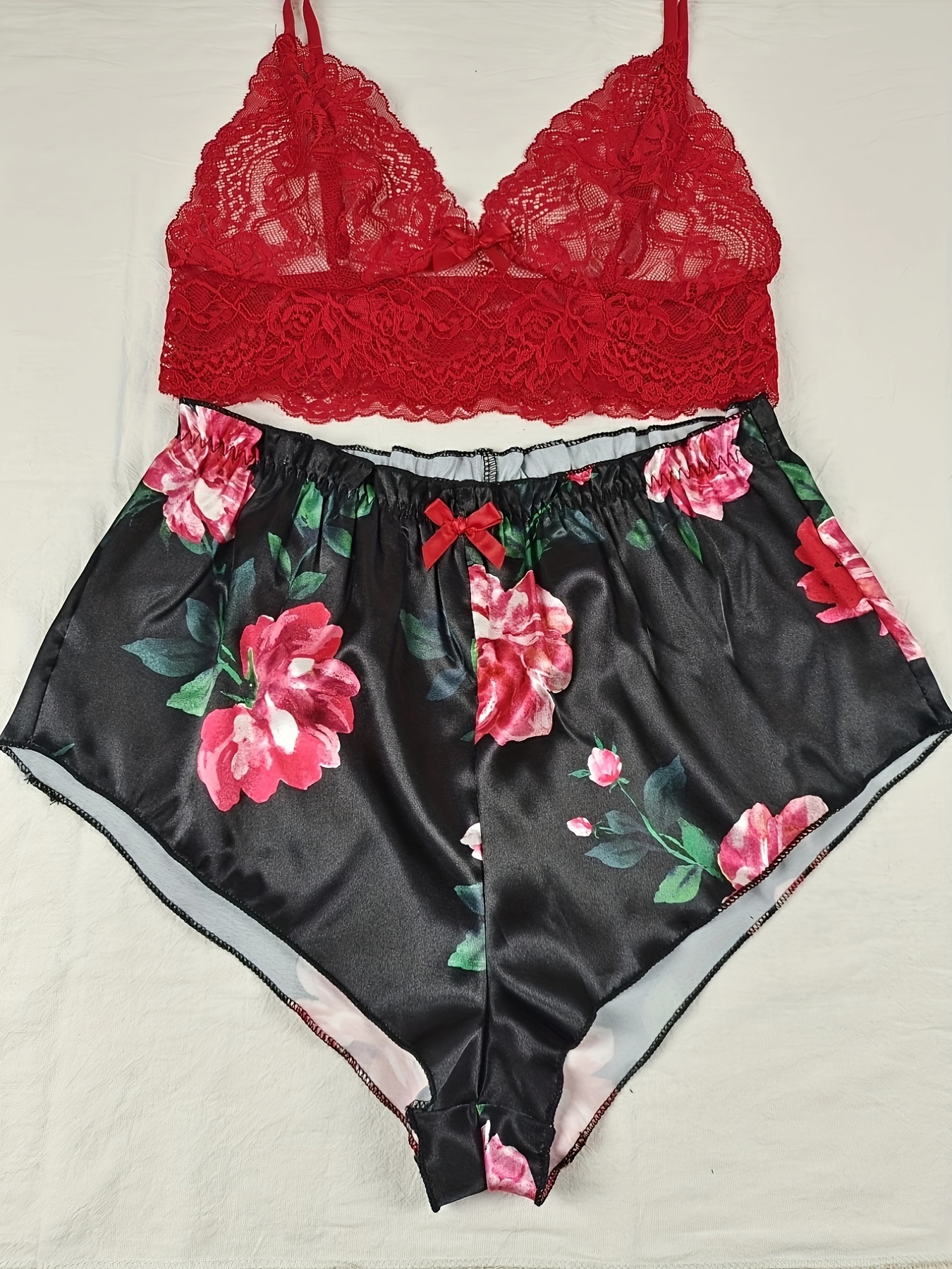 Floral Lace Lingerie Set Cut V Neck Cami Top Satin Shorts - Temu