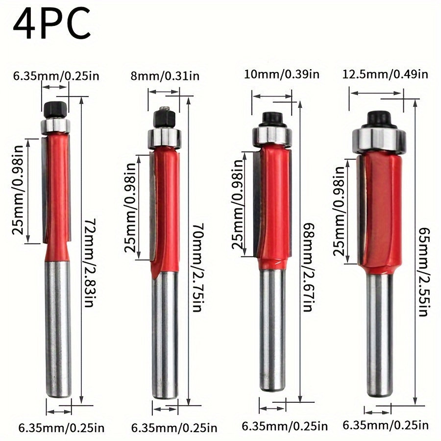 4pcs Professional Flush Trim Router Bit Set - Woodworking Bearing Trimming Knives For Maximum Precision