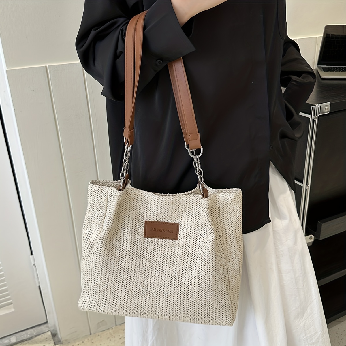 Straw Woven Large Tote Bag Lightweight Shoulder Beach Handbag