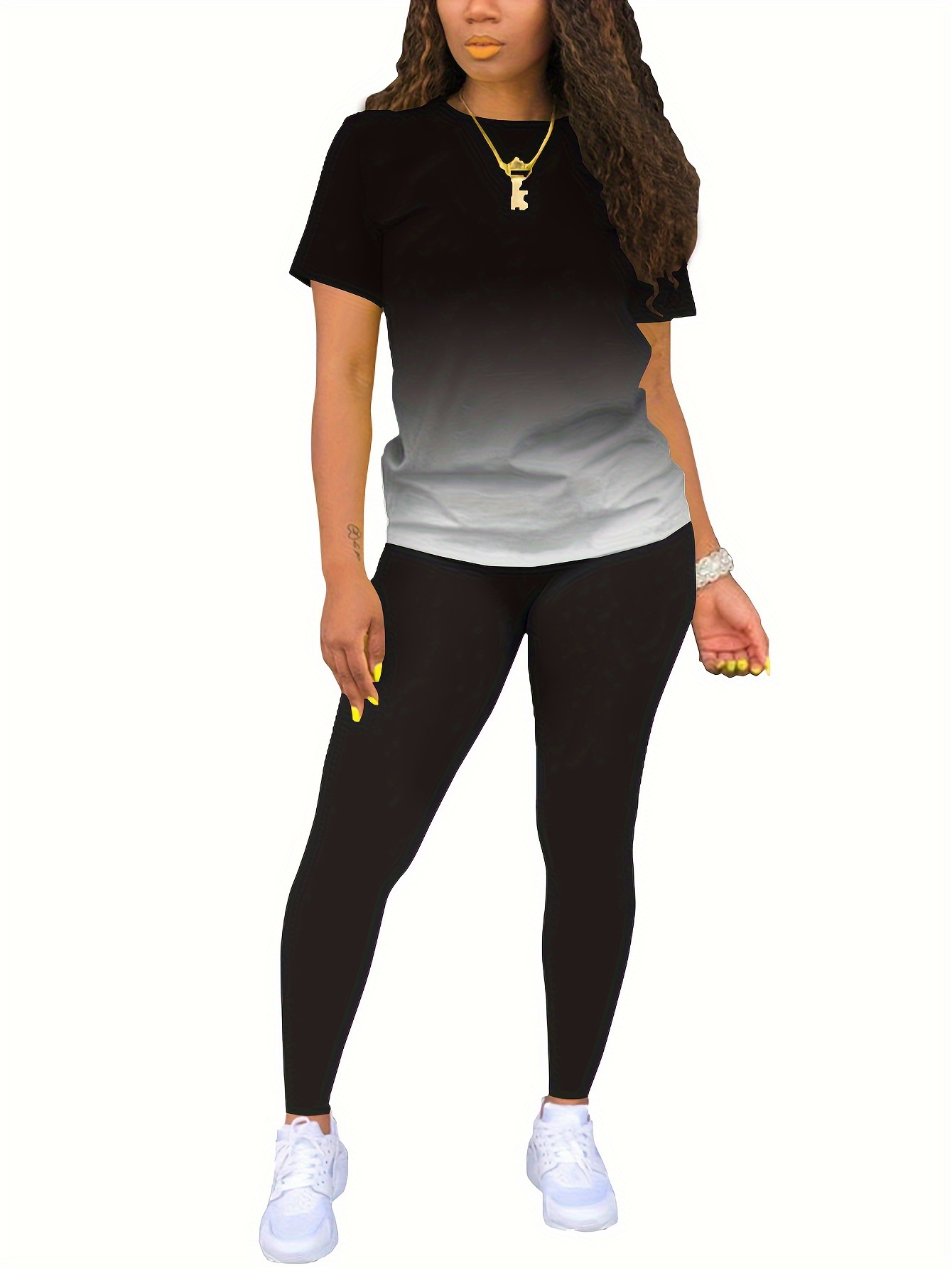 Stylish European and American Short-Sleeve Long-Pants Round-Neck Gradient Color Letter Print High-Elasticity Women's Set