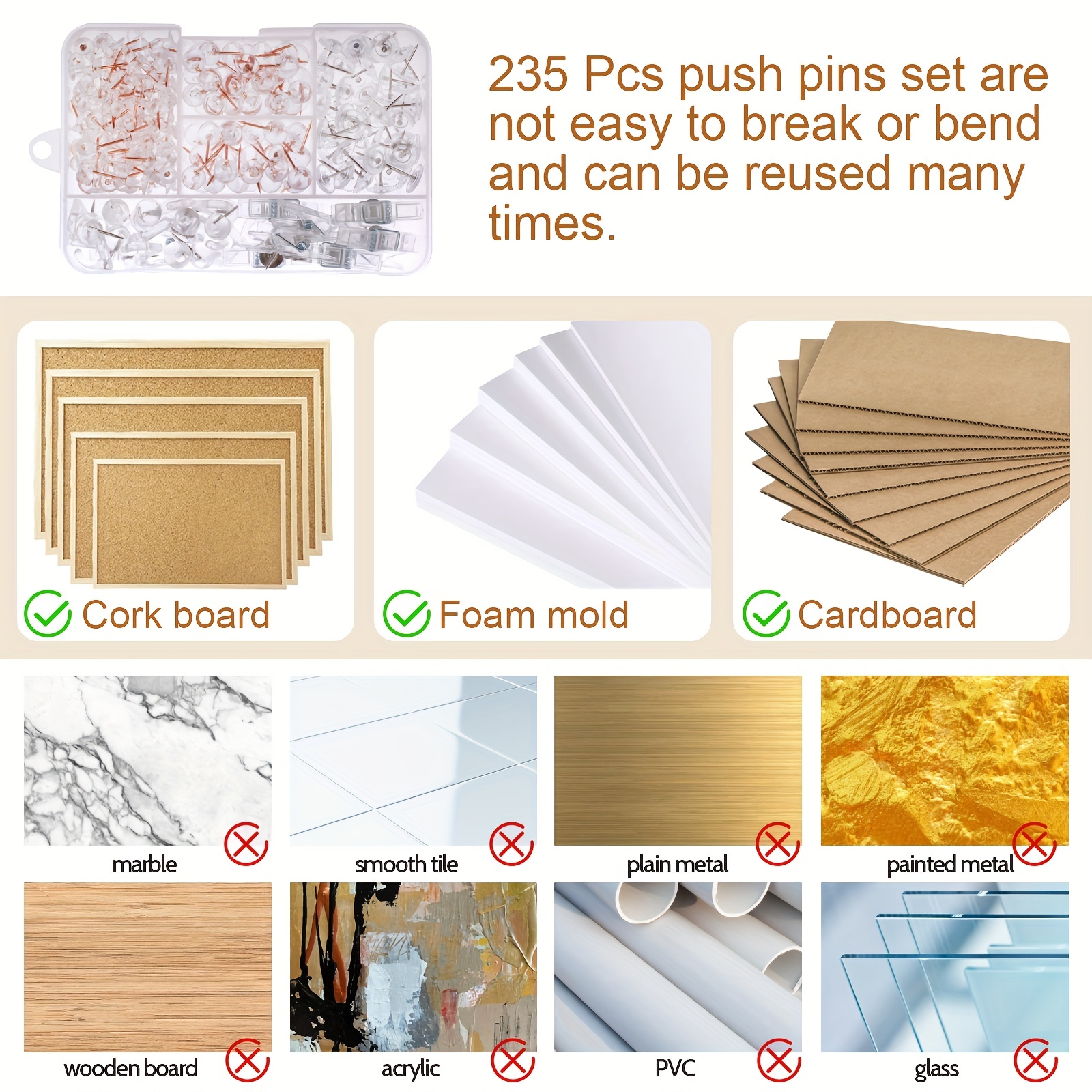 300Pcs Push Pins, Thumb Tacks for Bulletin Board, Stick Pins Thumb Tacks  for Cork Board Wall Hangings, Office Tacks Color Pins for Desk Decor