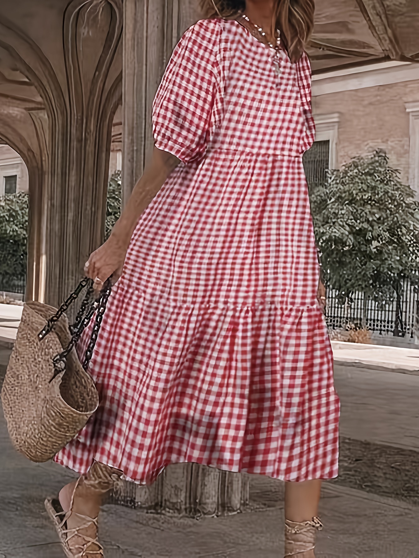 Plaid Print Puff Sleeve Belted Midi Dress