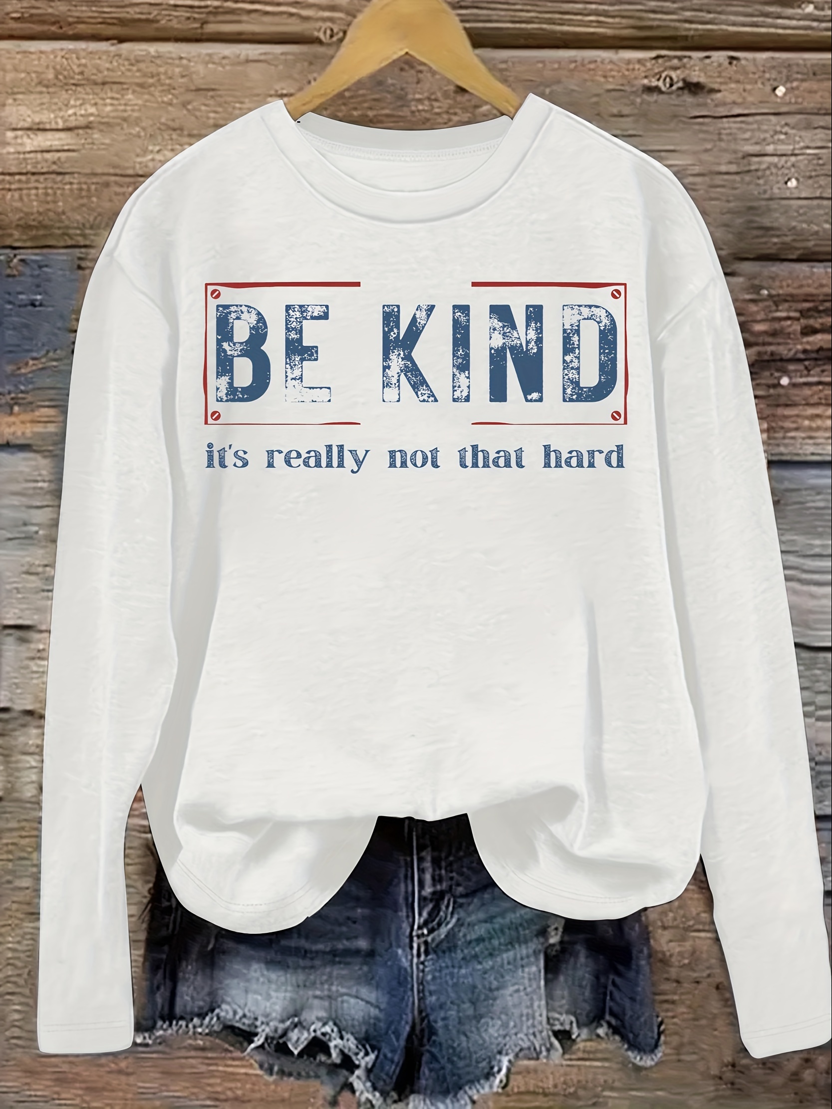 Be Kind Print T-Shirt, Casual Crew Neck Long Sleeve Top For Spring & Fall, Women's Clothing