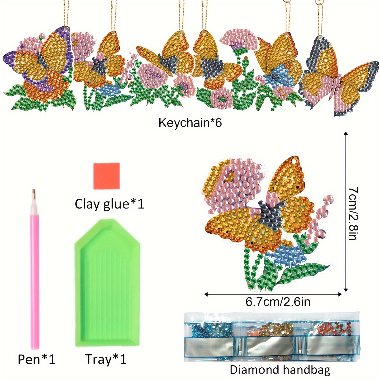 6 個蝶ダイヤモンド塗装キーホルダー 5D DIY ダイヤモンド塗装キット蝶