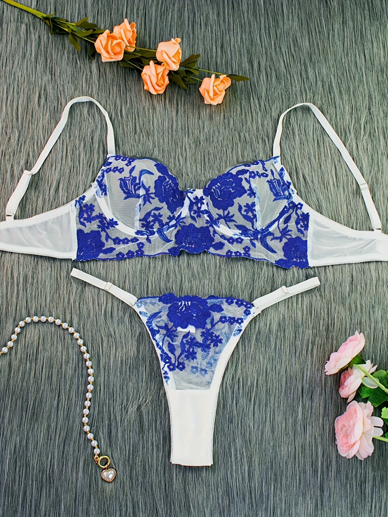 Sexy Lace Mesh Lingerie Set Floral Embroidery Bra Sheer - Temu Canada