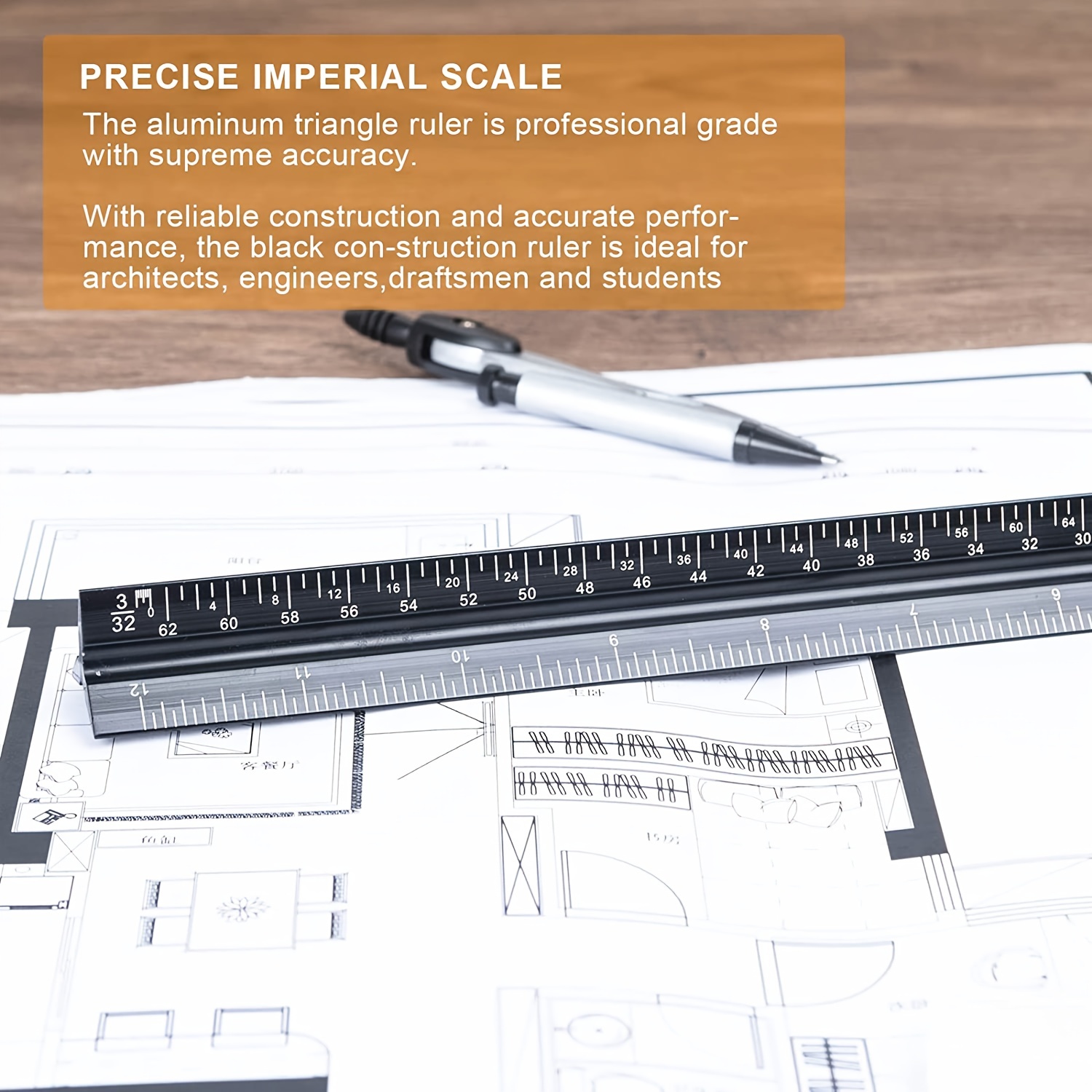 MENKEY Architectural Scale Ruler, Imperial Measurements 12'', Black  Laser-Etched Aluminum Architect Triangular Ruler with Standard Metal Ruler