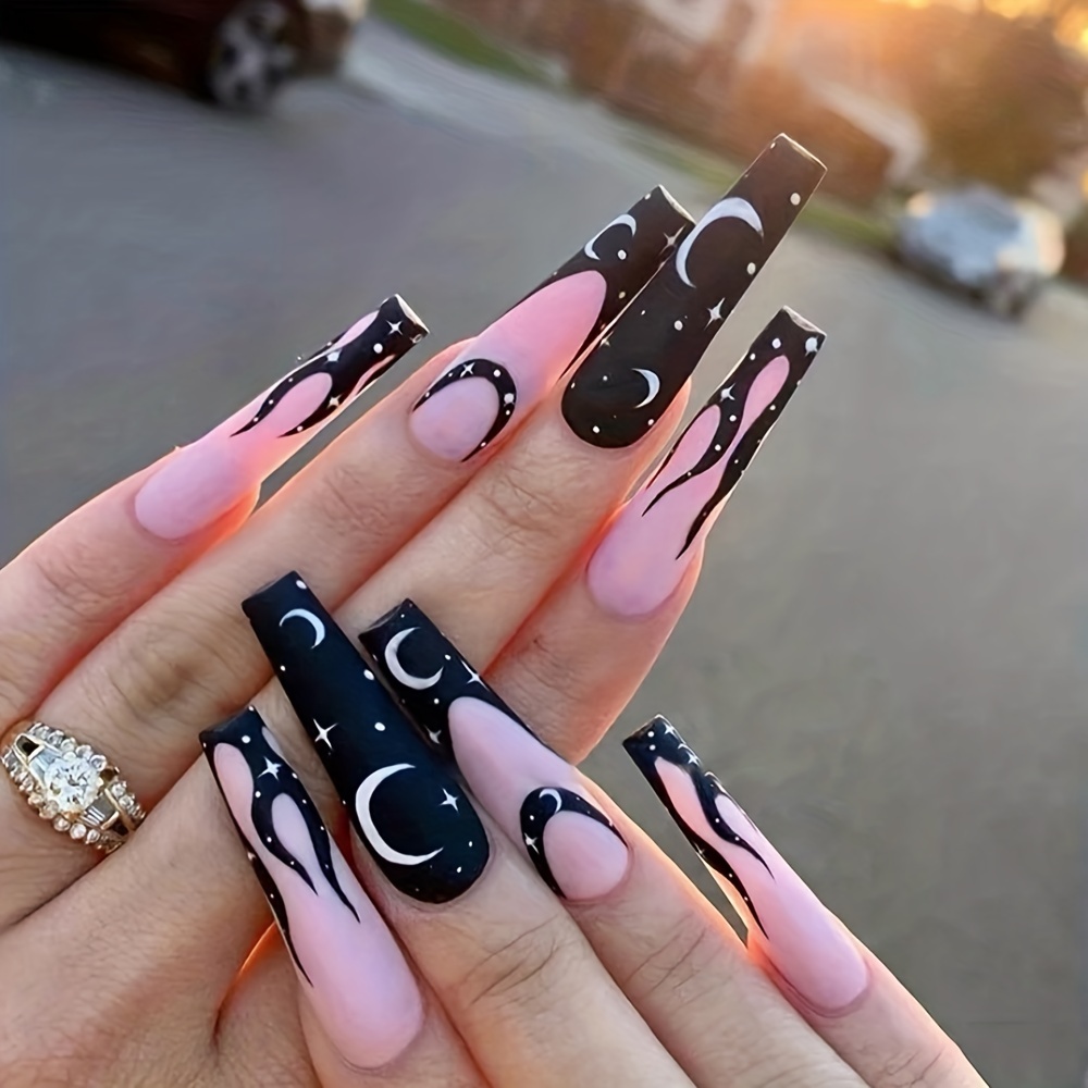 Black Snake Flame Coffin Fake Nails Press On Nail Art Decor Nail