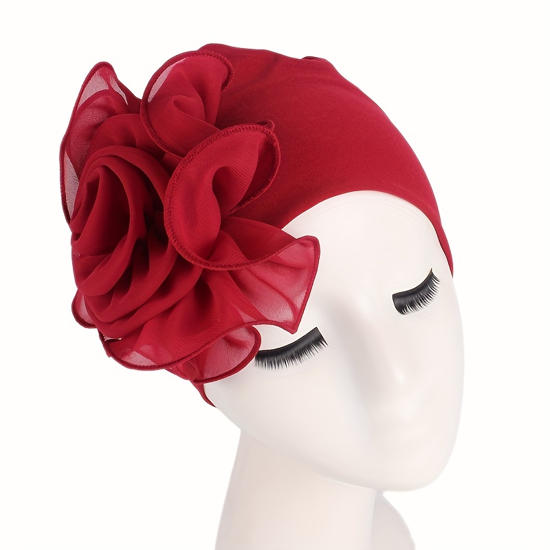 

Elegant Red Floral Stretch Turban Hat For Women - Soft & Breathable Polyester, Knit Head Wrap Beanie With Flower Decor, Outdoor Sports, & All , Hand Wash Only