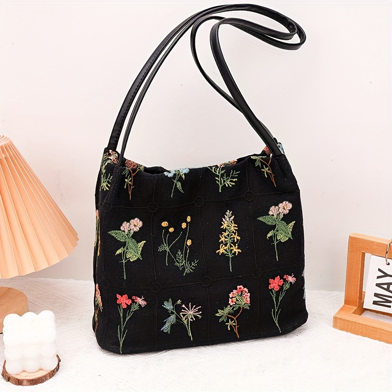 Floral Embroidery Shoulder Bag, Women's Canvas Bucket Bag, Casual Daily Handbag,Tote Bag for Women,Temu