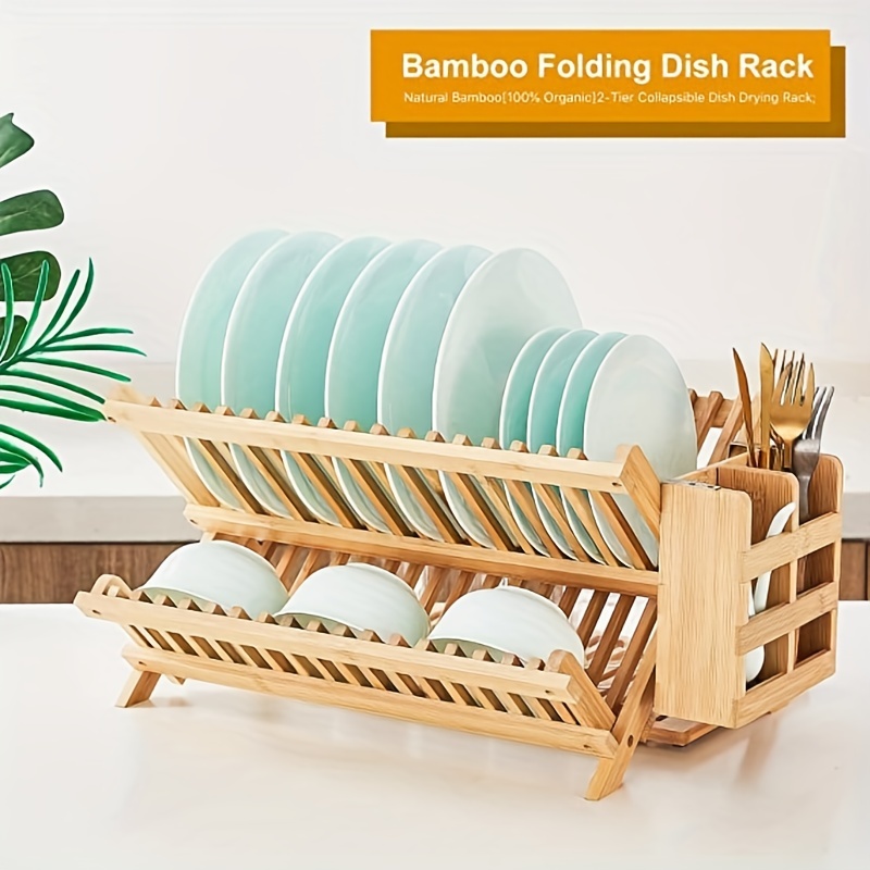  Escurreplatos plegable de bambú, soporte para secar