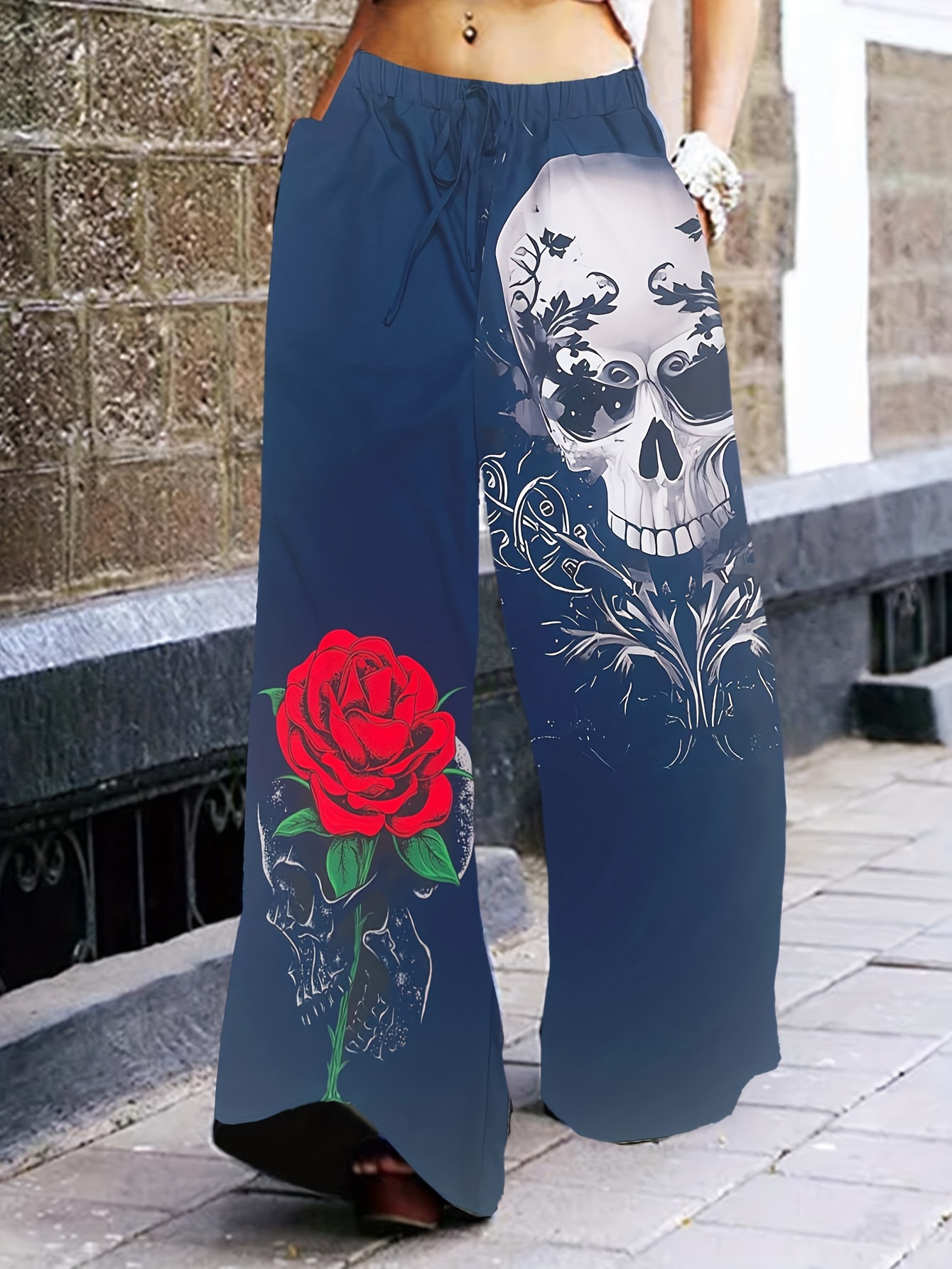 Plus Size Halloween Goth Pants Women's Plus Floral Skull - Temu United  Kingdom