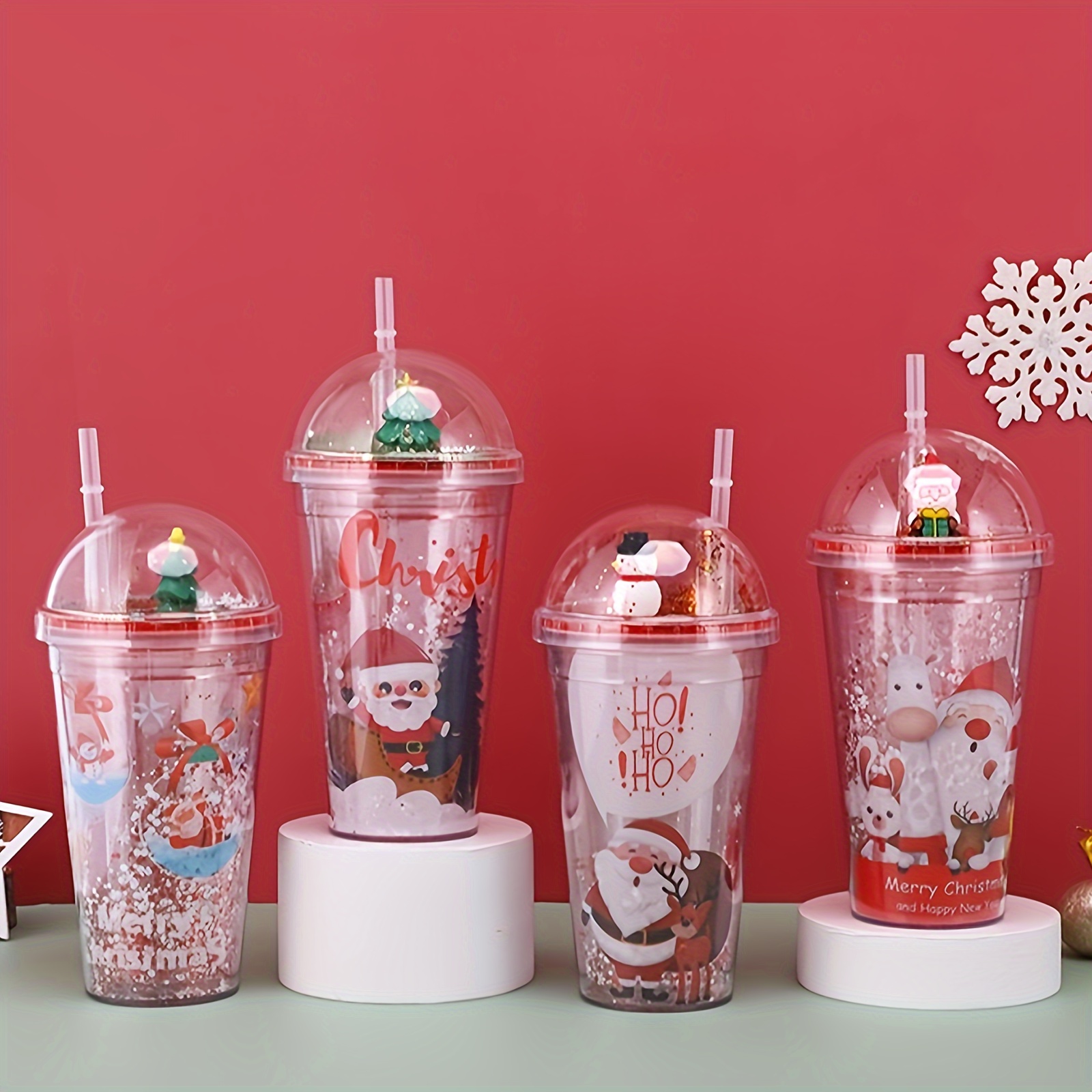 1pc Christmas Themed Double Layer Plastic Cup With Straw For Cold Drinks