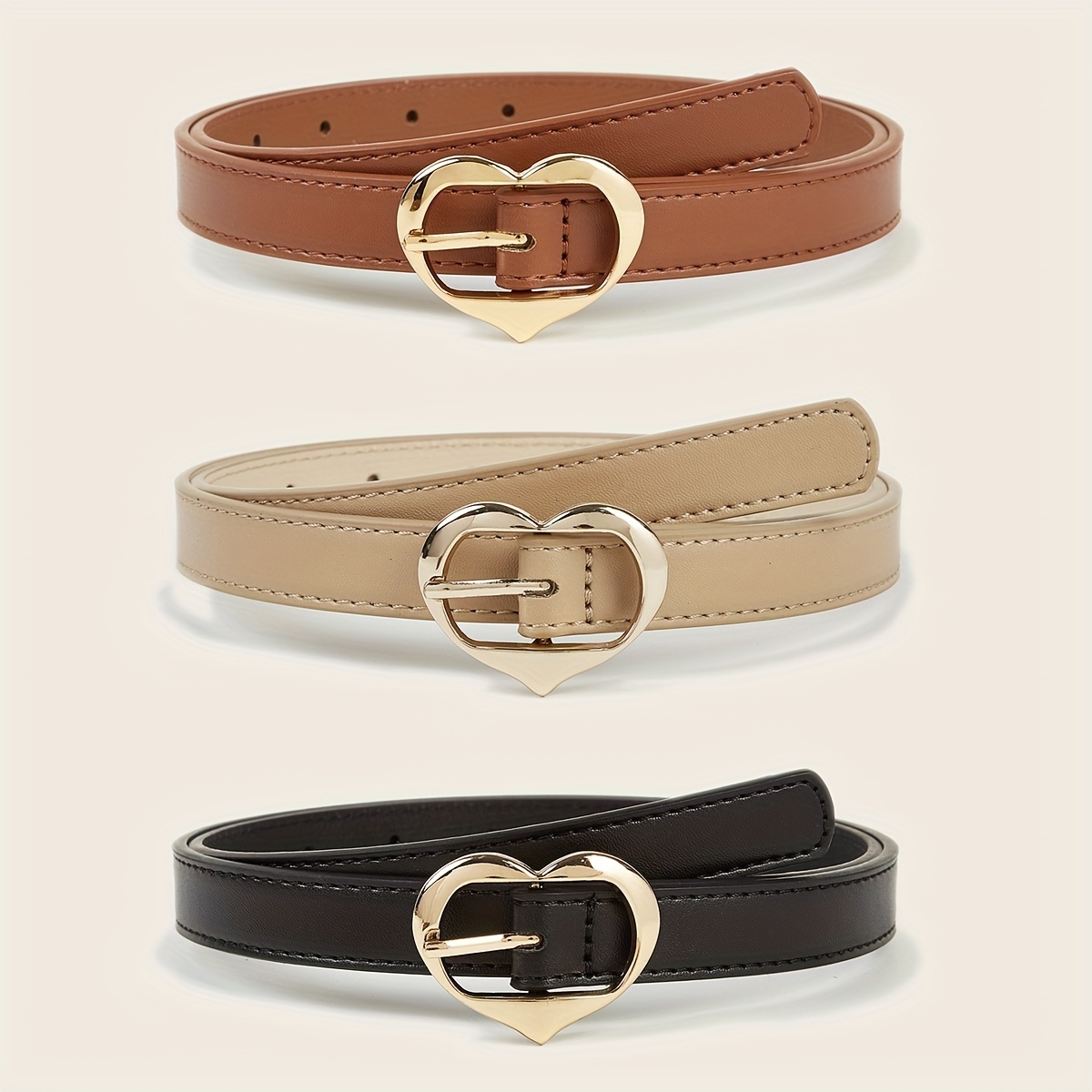 3pcs Golden Heart Buckle Belt PU Leather Waist Belt