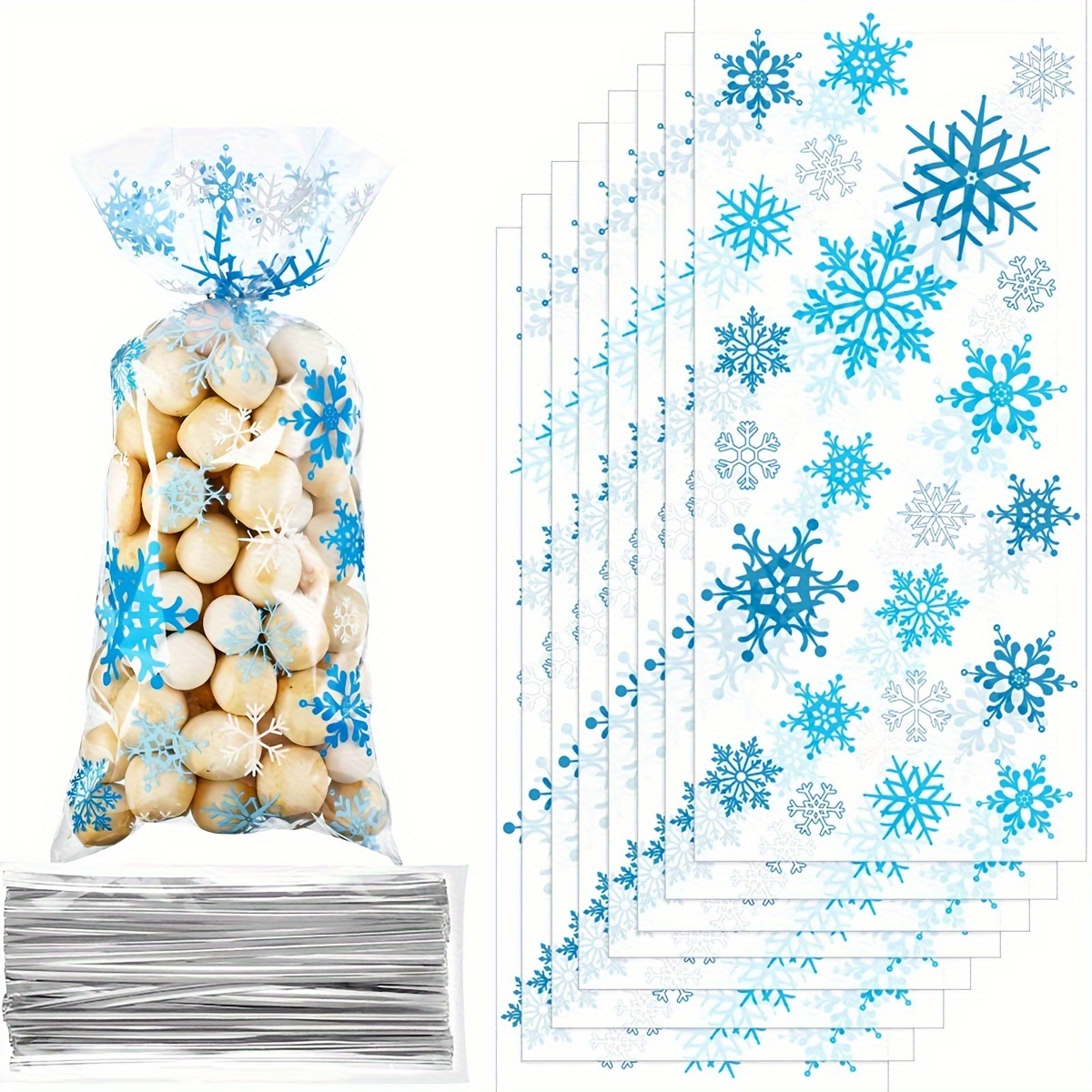 

50pcs, Christmas Cellophane Bags, Winter Snowflake Holiday Treat Bags, Blue Plastic Candy Goodie Bags With Twist Ties For Winter Xmas Wonderland Birthday Holiday Party Favors