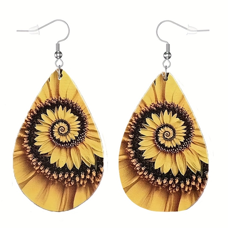 Wooden Sunflower Print Water Drop Dangle Earrings