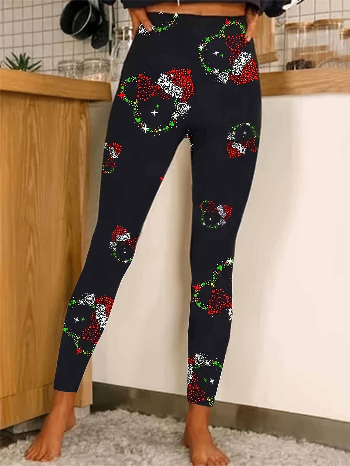 Christmas Print Skinny Leggings, Casual Elastic Waist Stretchy Leggings,  Women's Clothing