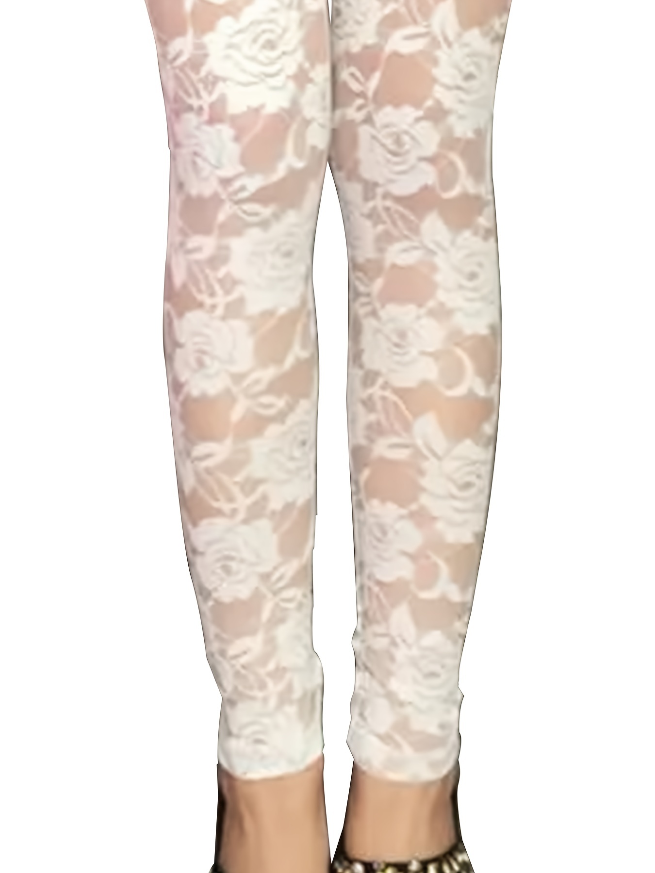 Women's Rose Floral Sheer Mesh Stretchy Leggings Skinny Lace Pattern Capris  Pant