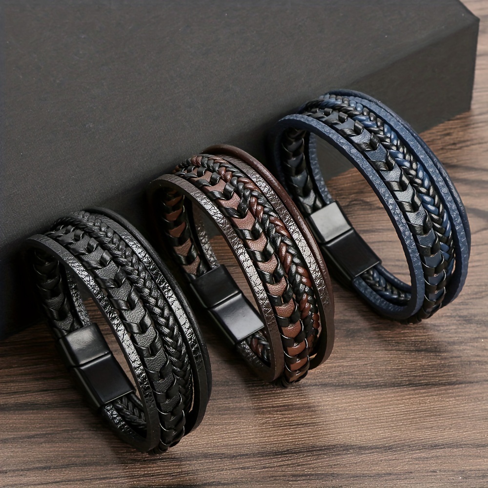 

1pc Fashion Men's Creative Multi-layer Braided Pu Leather Rope Bracelet