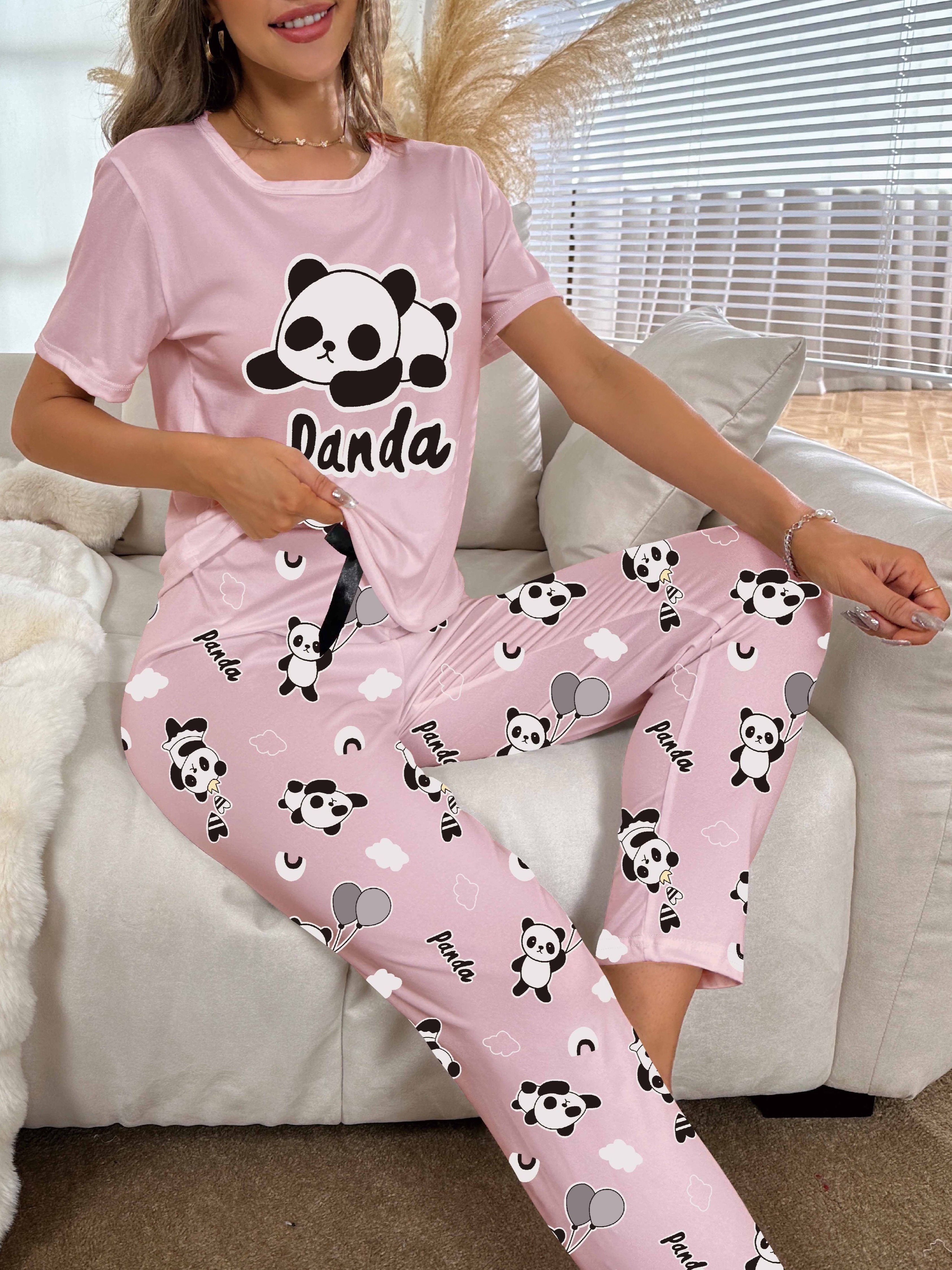 Cartoon Panda Print Pajama Set Short Sleeve Crew Neck Top - Temu