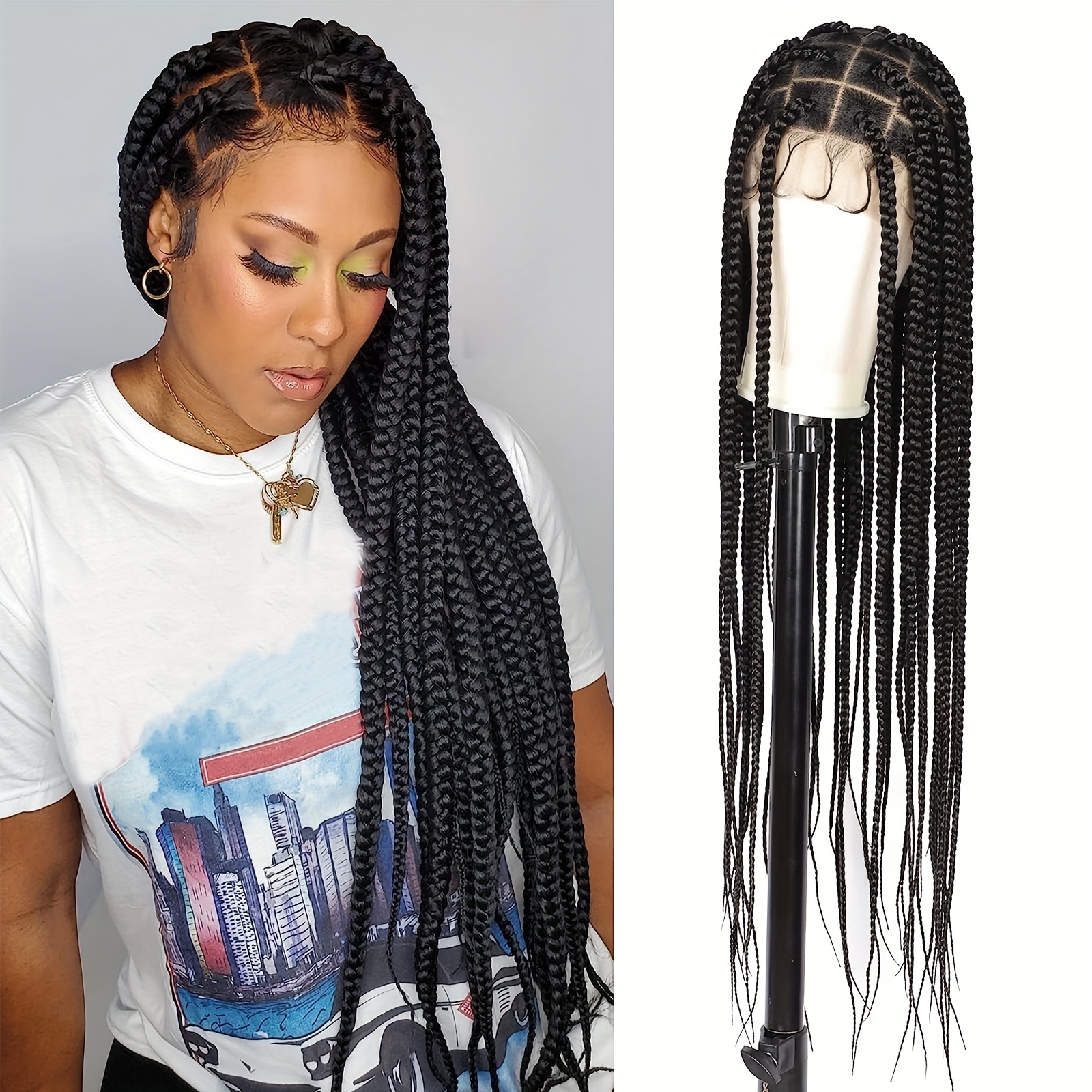Full Lace Box Braid Wigs Pre Plucked Knotless Square Braided - Temu