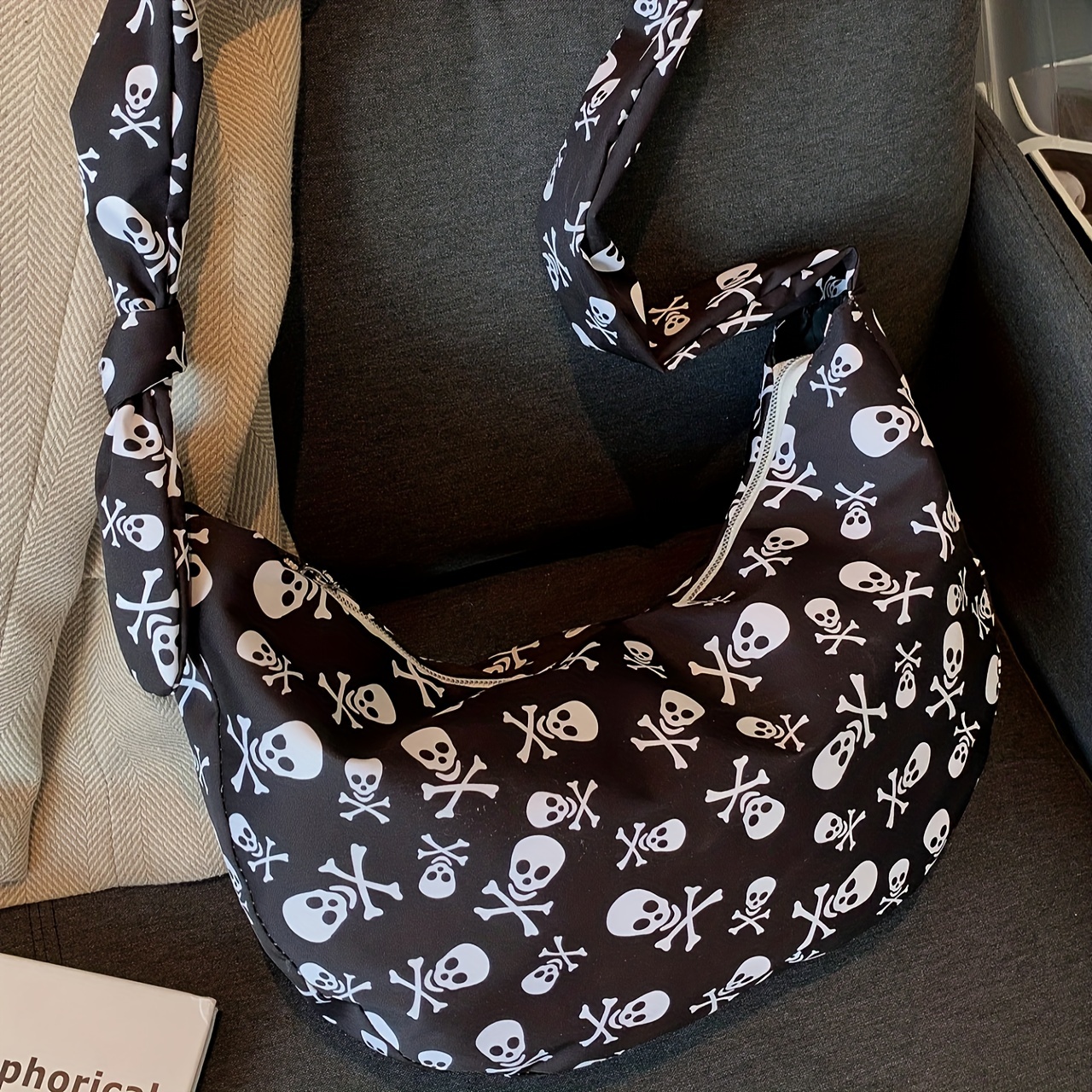 All Over Skull Pattern Shoulder Bag, Casual Crossbody Crescent Bag, Women's  Nylon Zipper Bag