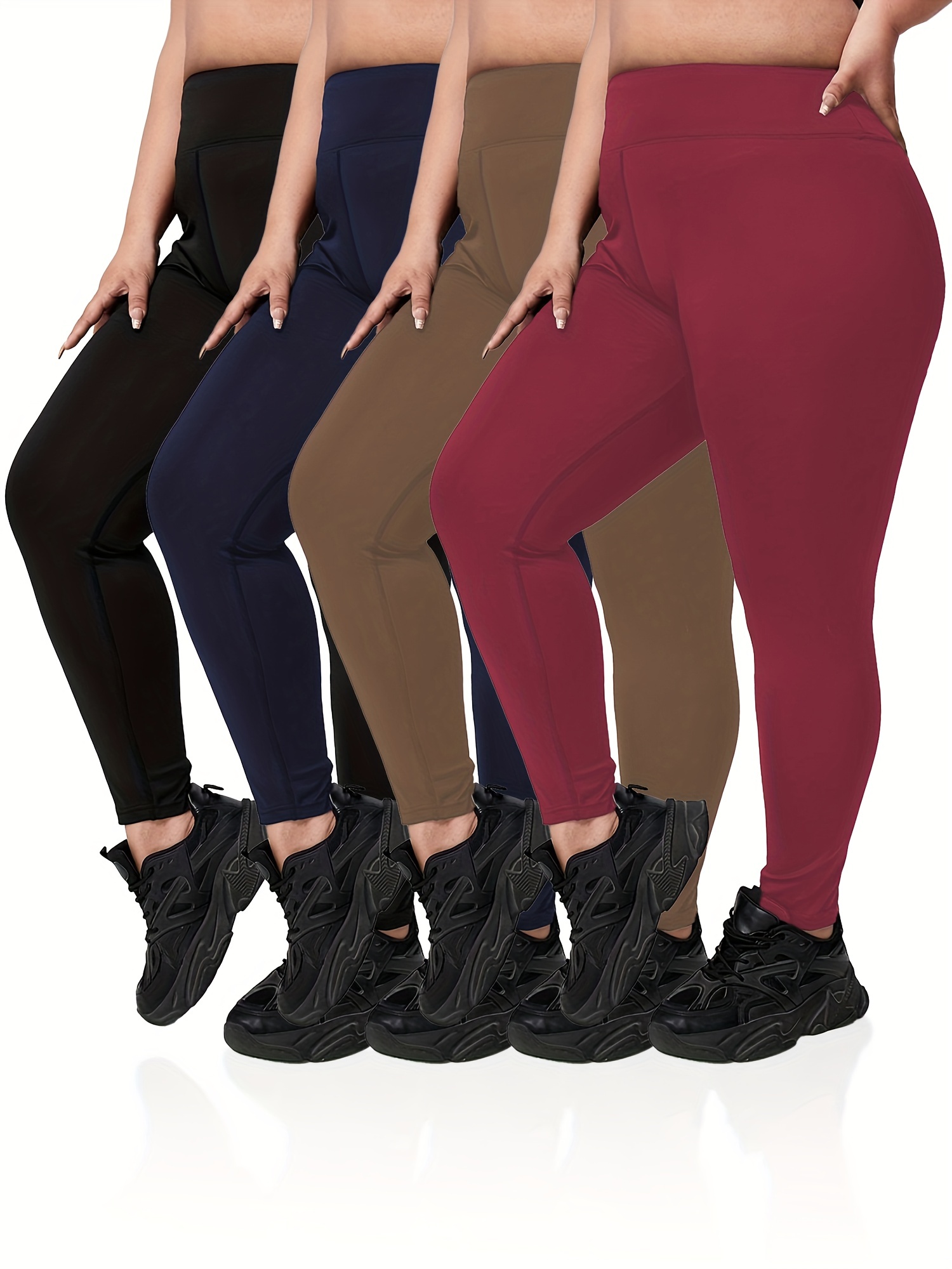 4 Pack Plus Size Sports Leggings Set, Women's Plus Solid High Waist Tummy  Control Running Yoga Pants 4pcs Set