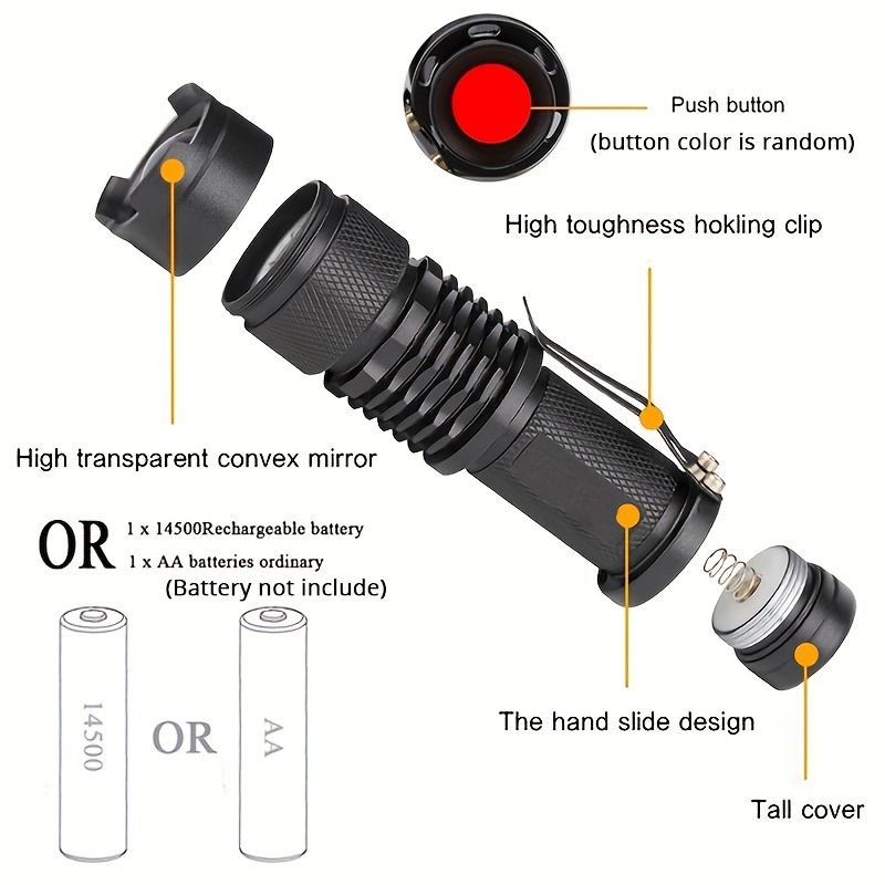 1pc Zoomable Rotes Licht Led-taschenlampe Clip, Wasserdichte Mini