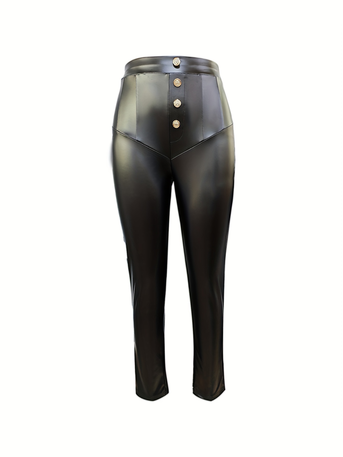 Trouser Pants For Women Women Fake Leather Casual Black Button