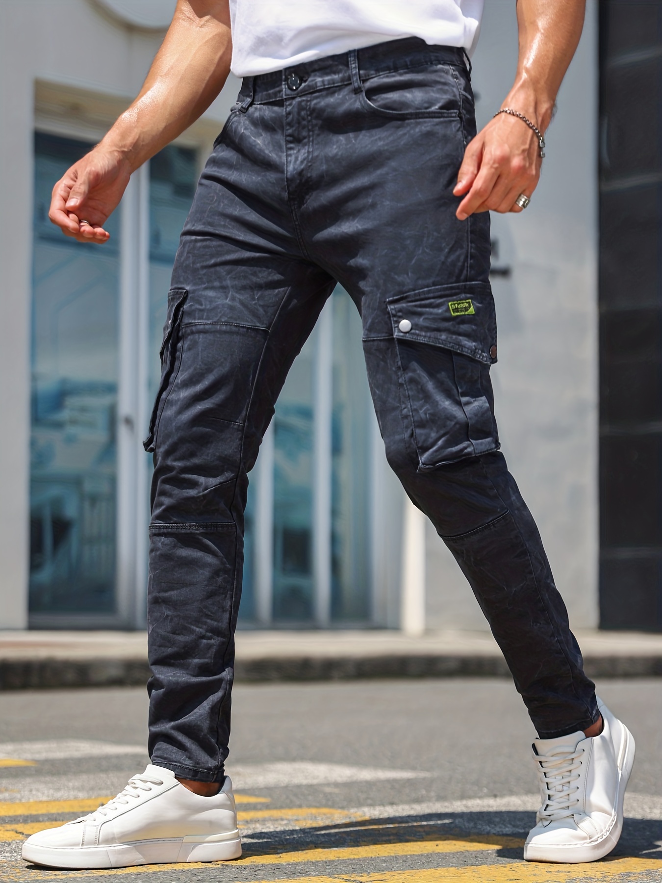 Slim Fit Cargo Jeans Mens Casual Street Style Flap Pocket Tie Dye