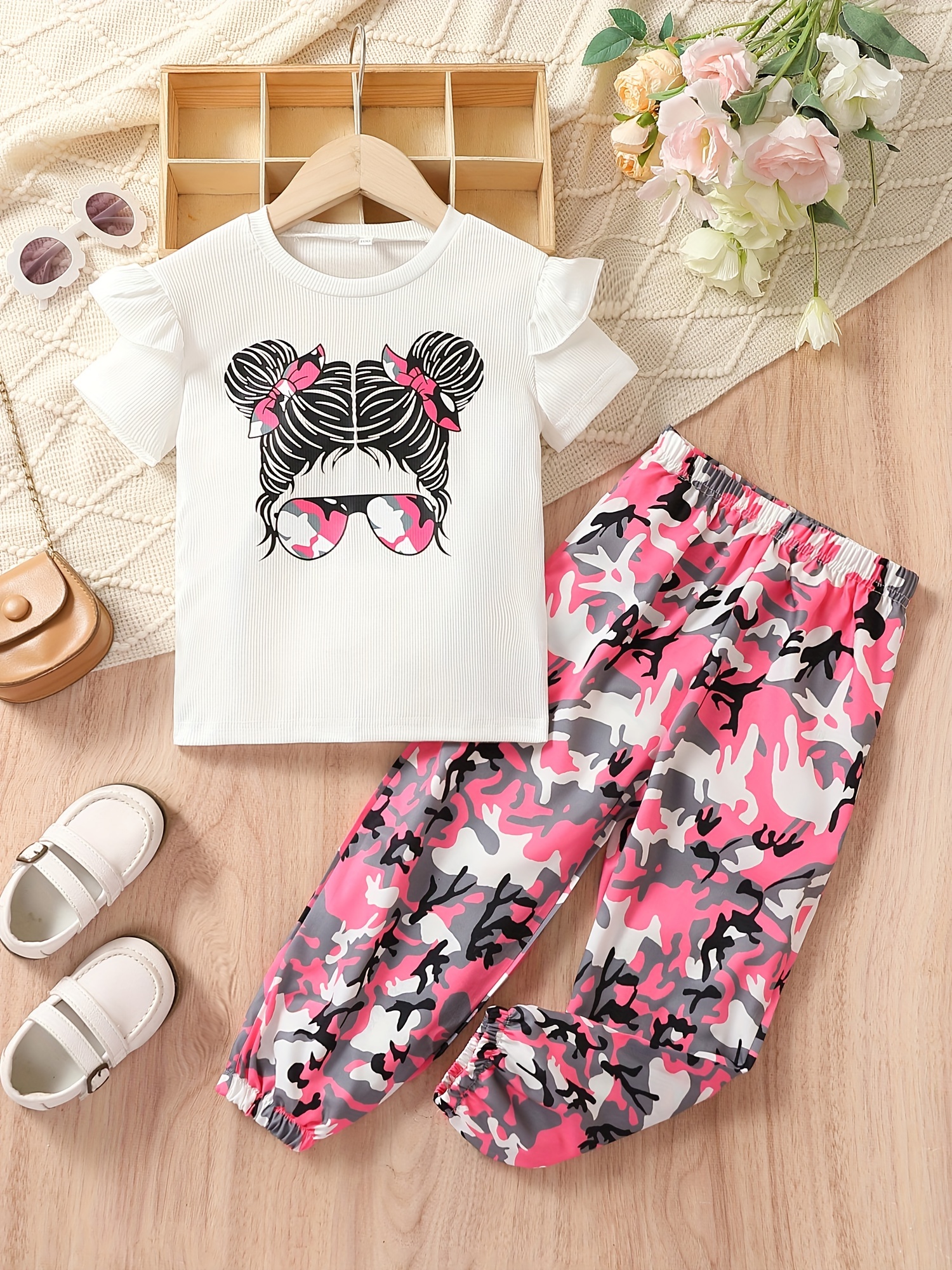 Sunglasses Girl Print Outfit T shirt Camouflage Pattern - Temu