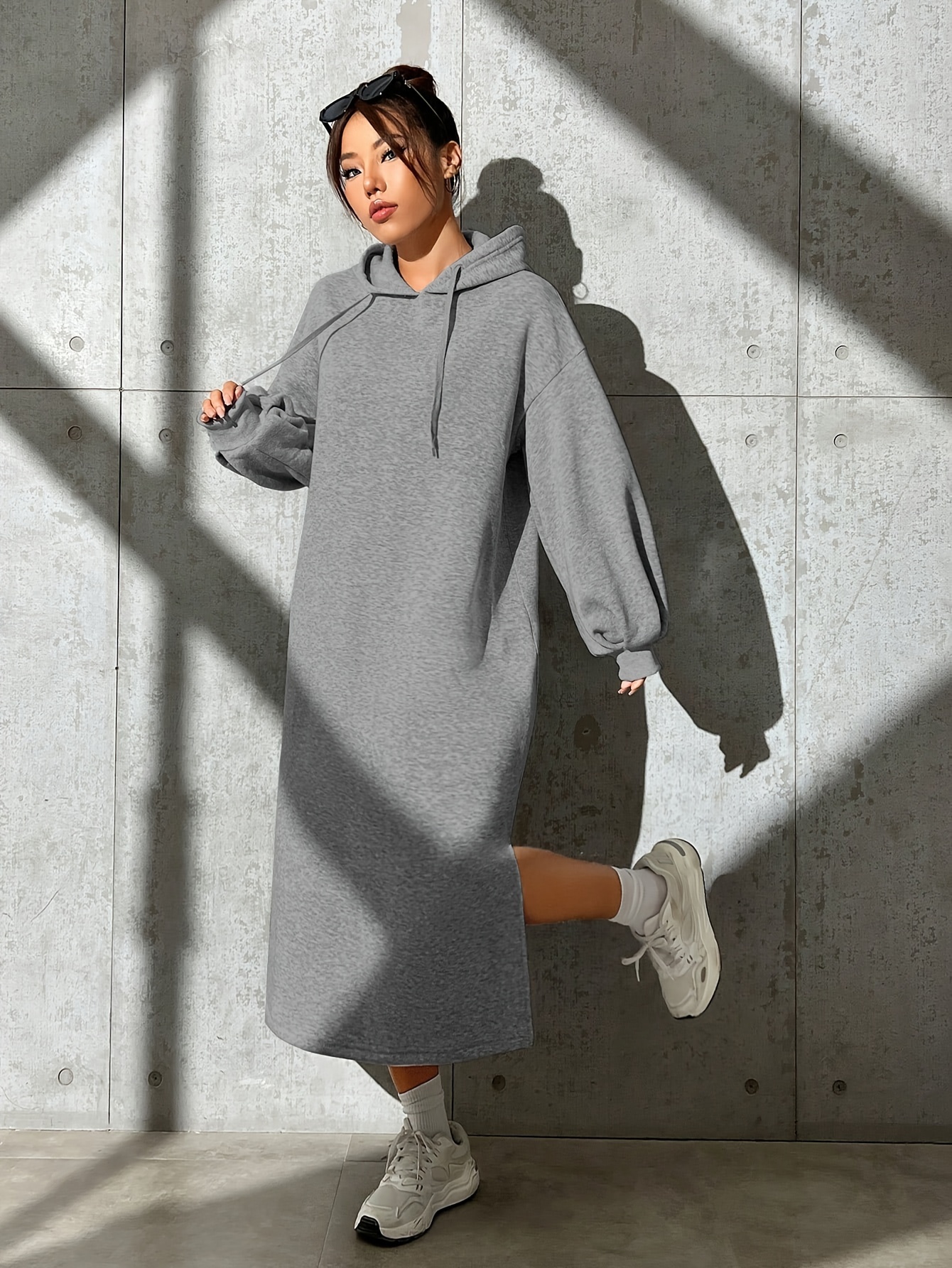 Lantern Sleeve Drawstring Hooded Dress Casual H line Split Hem Dress Women s Clothing