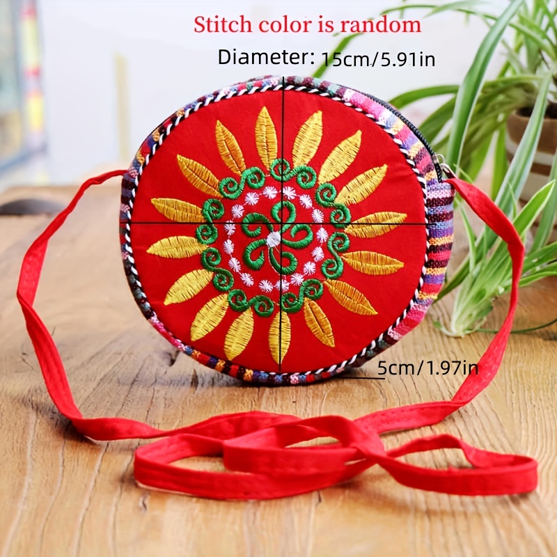 Lemose Round Crossbody Bag for Women, Small Purse Handbag, Ethnic Embroidered Woven Bag