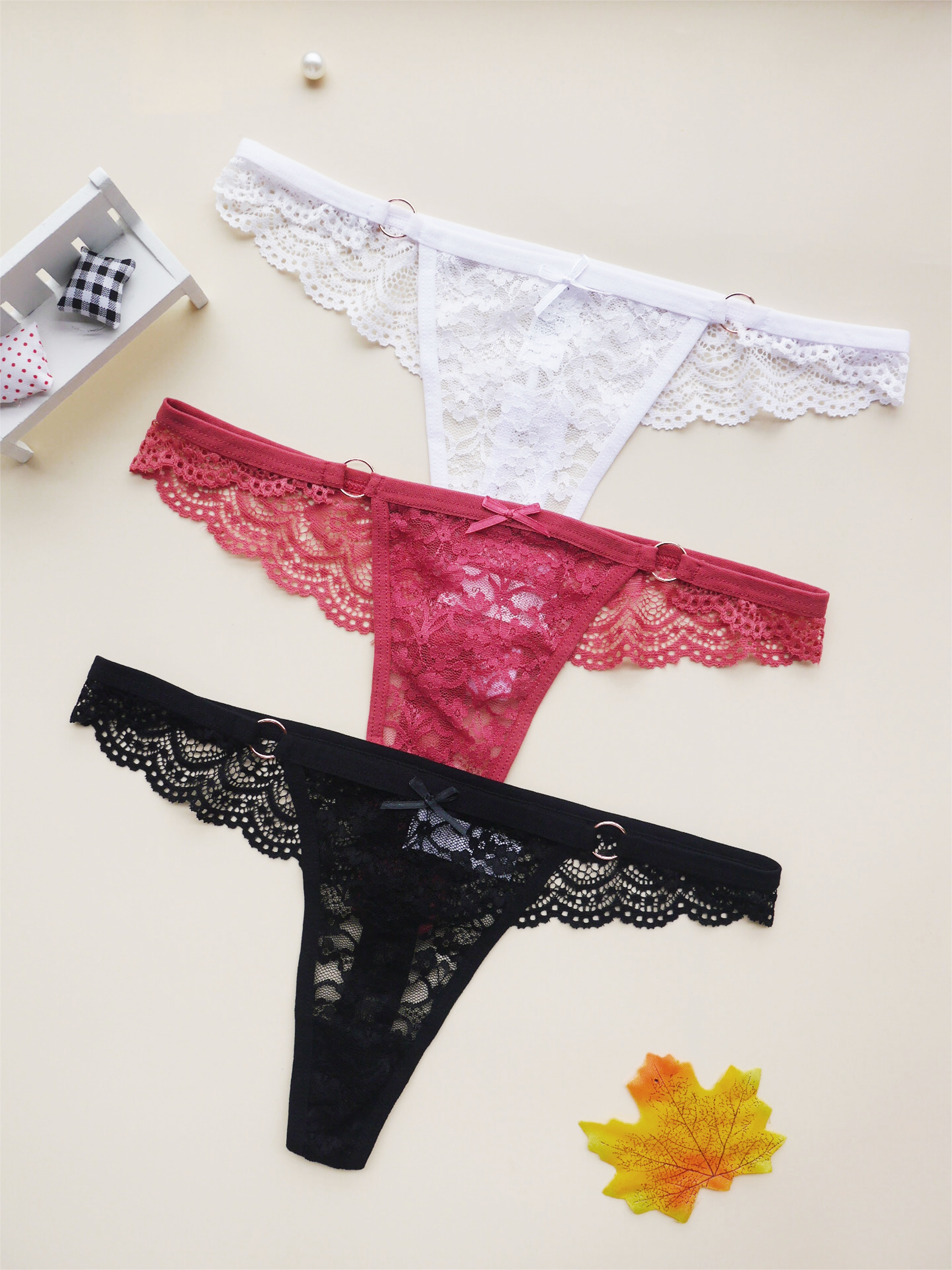 Bow Accent Lace Thong Panties Sheer Medium Stretch Low Waist - Temu Canada