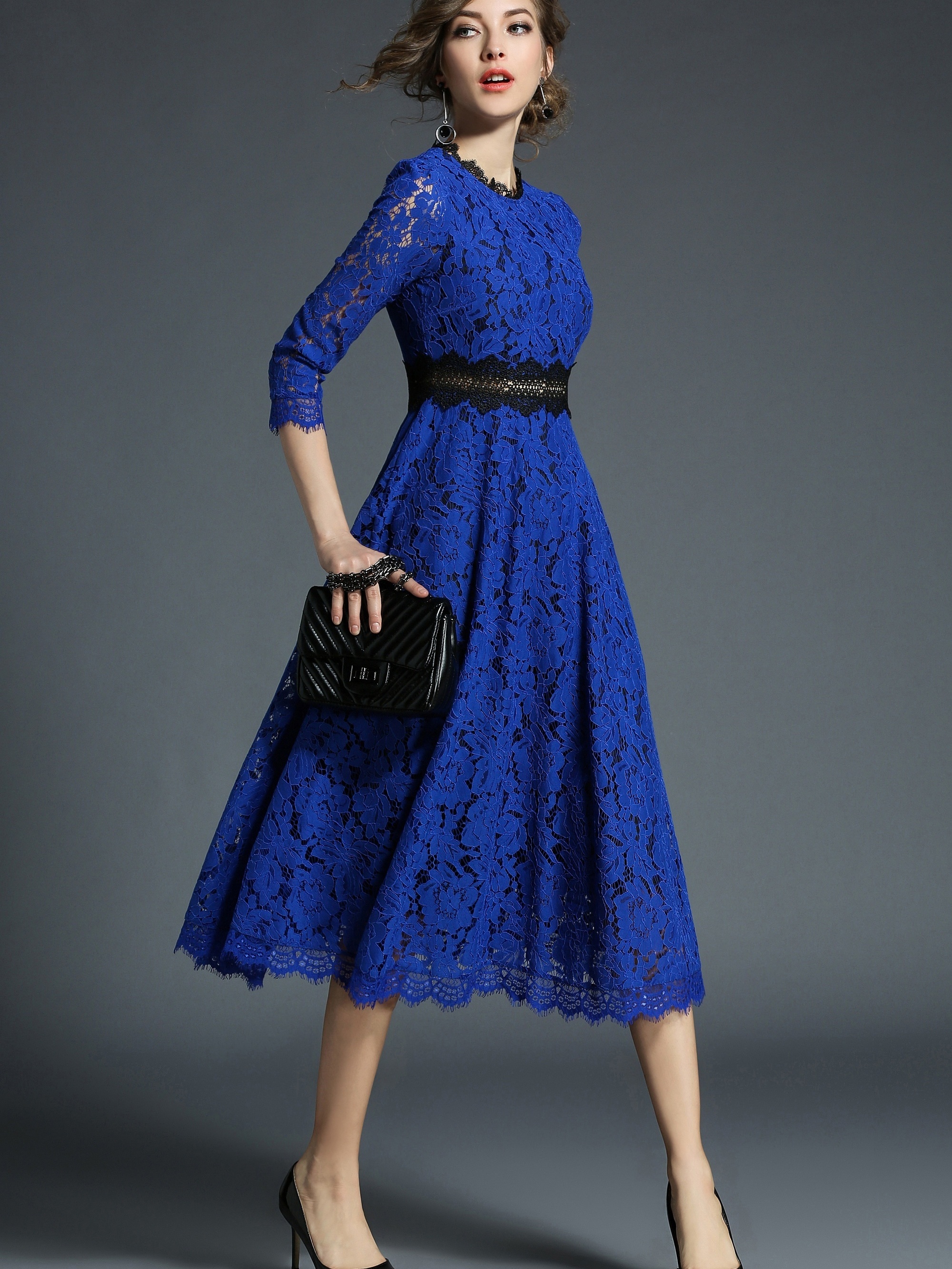 Solid Contrast Lace Dress Elegant 3/4 Sleeve Midi Dress - Temu