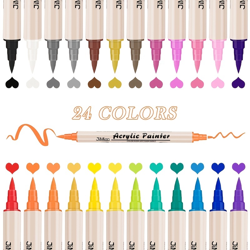 24 Colors Dual Tip Acrylic Paint Pens Markers, Brush Tip Paint Markers for  Wo