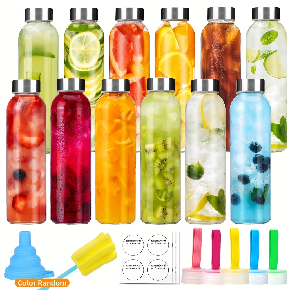  Glass Water Bottles 6 Pack With Sleeves and Stainless Steel Lids  - 18oz Size - Leak Proof Caps, Reusable and Perfect For Travel and Storing  Beverages Juice, Smoothies, Kombucha, Kefir, Tea 