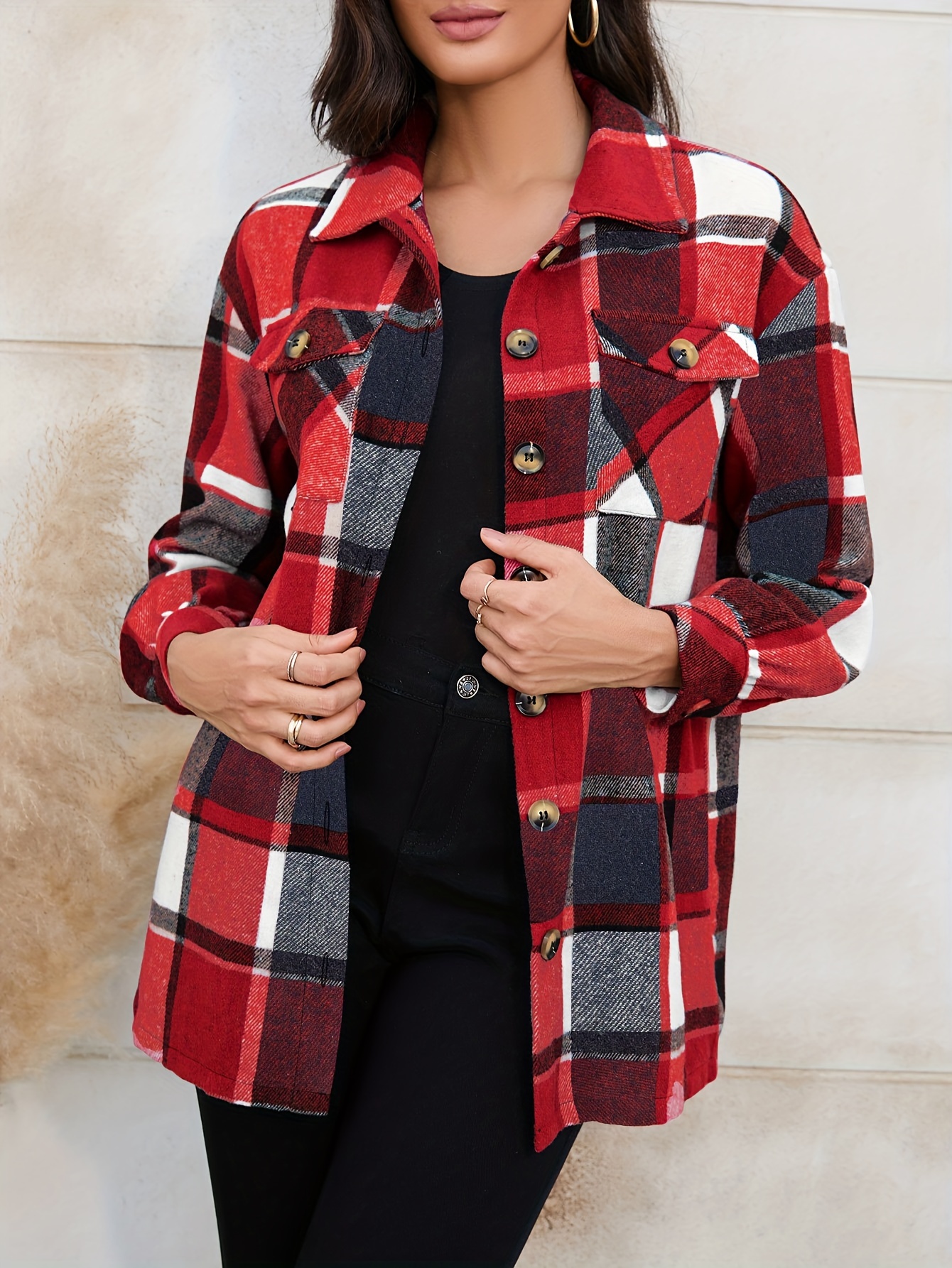 Brown Plaid Shirt Jacket Long Sleeve Loose Casual Plaid - Temu