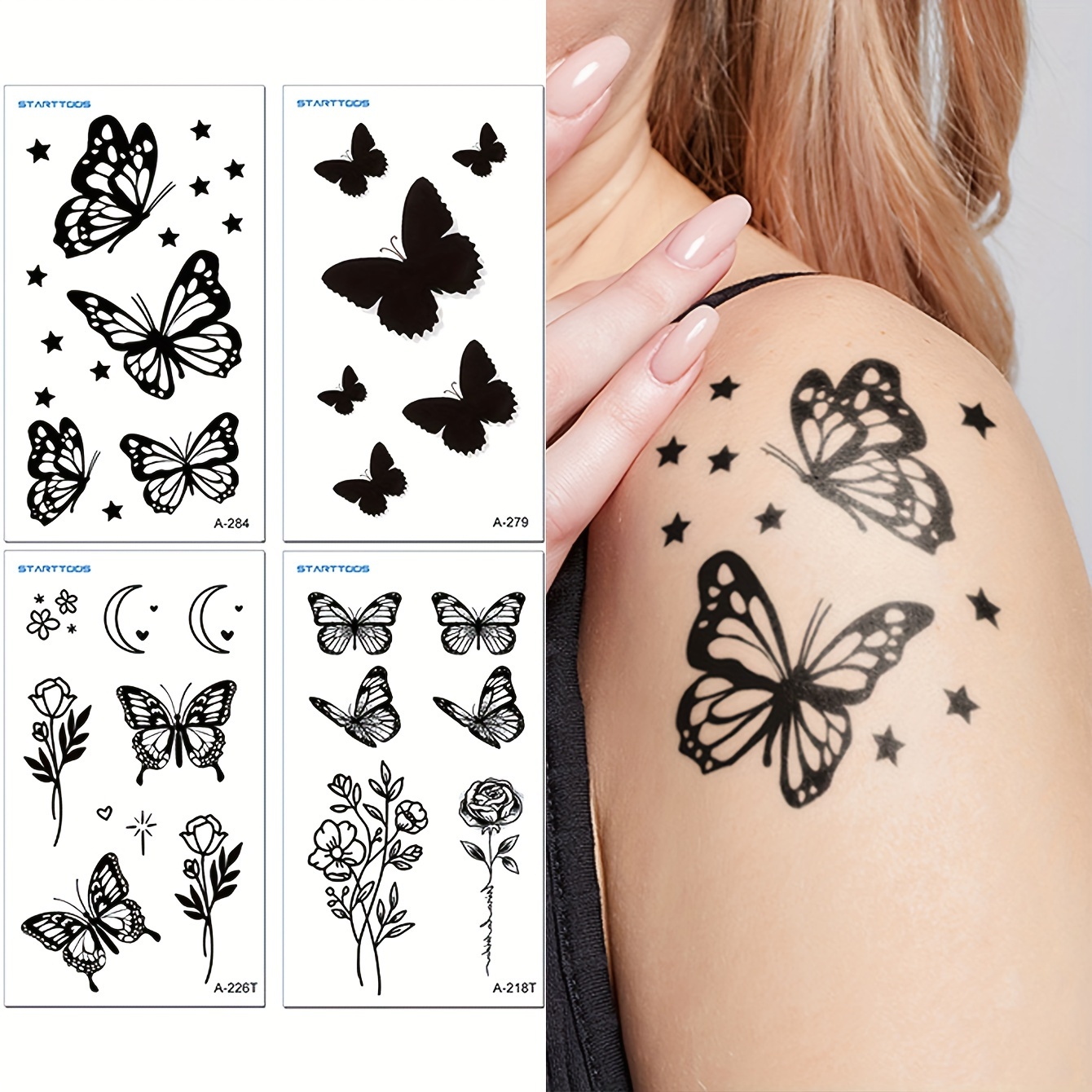 2 Peças Preto Flor & Borboleta Tatuagem Temporária Adesivos Para Mão