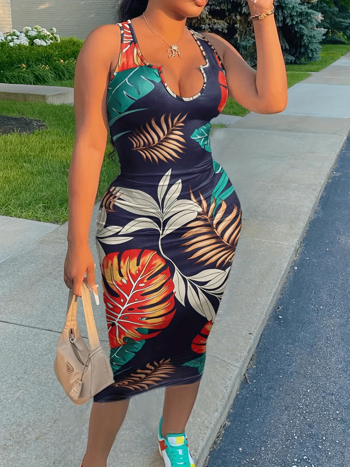 Graphic Print Bodycon Sleeveless Dress Casual Tank Dress - Temu Canada