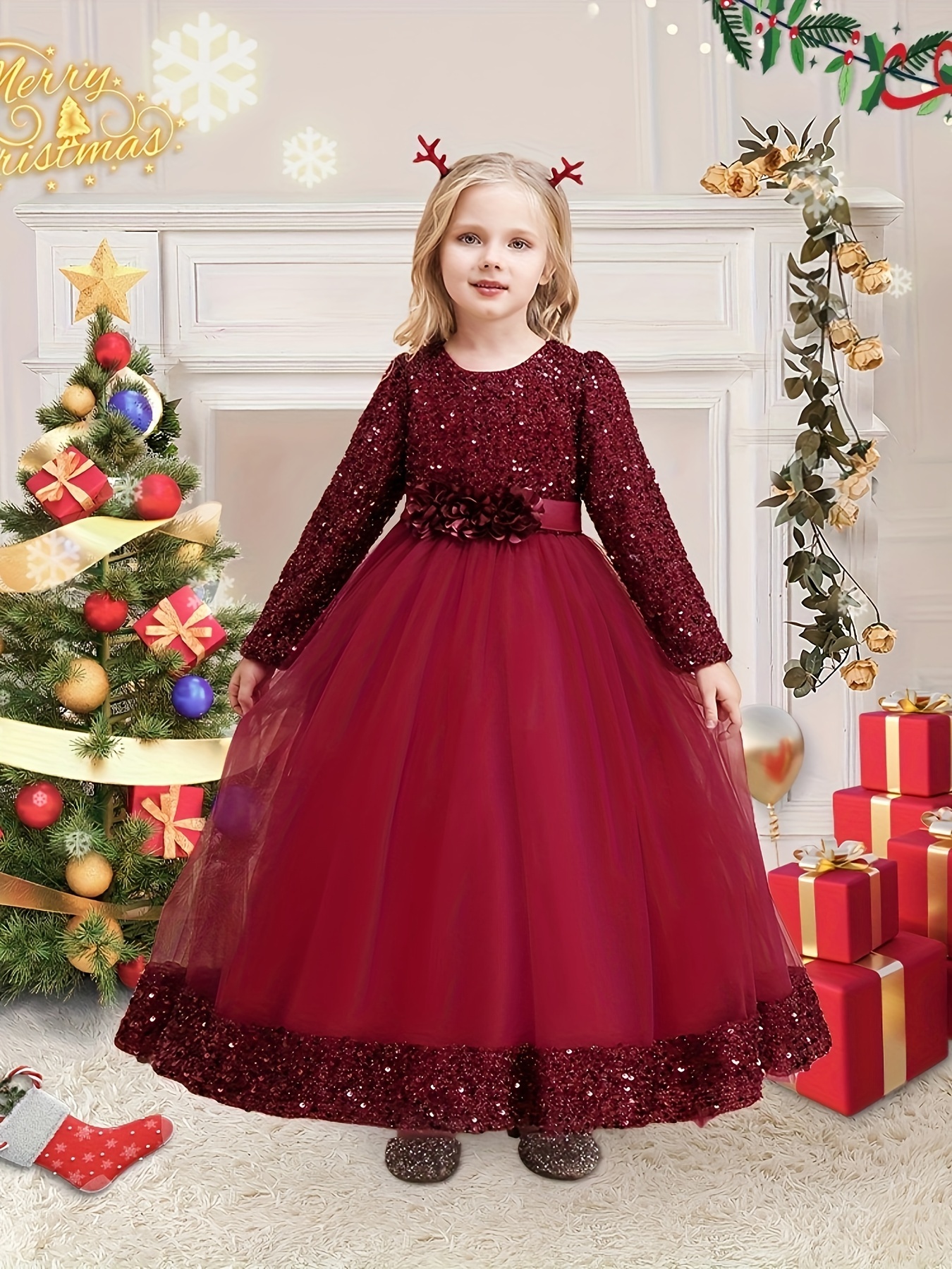 Robe de princesse en tulle vert sapin à paillettes dorées pour filles