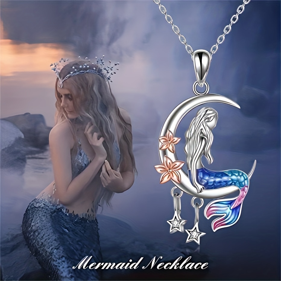 

Mermaid Necklace Ocean Mermaid Crescent & Star Necklace With Flower Pendant Birthday Gift Jewelry For Daughters Women (gift Box Packaging)
