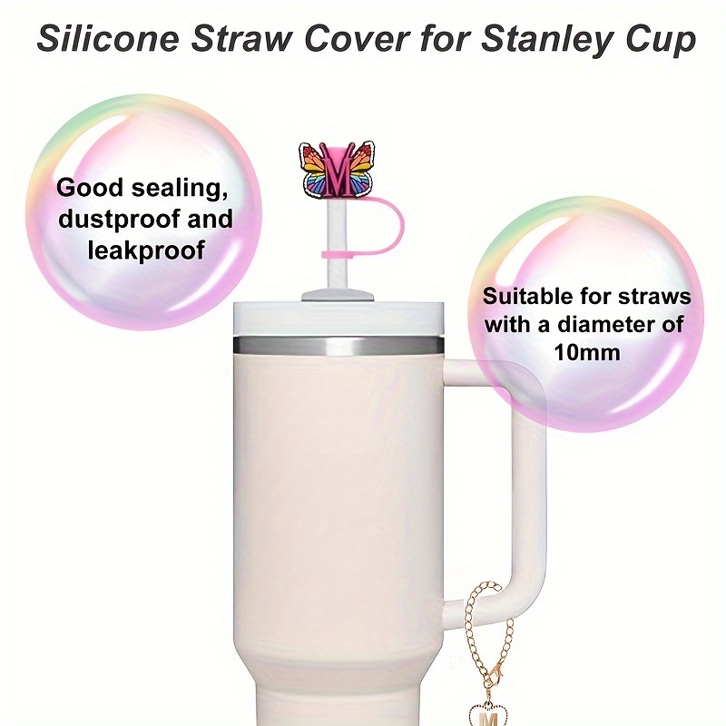 (2+2)2PCS Straw Cover for Stanley Cup 30&40 oz 10mm Straw Topper with 2pcs Stanley Cup Accessories Letter Charms Name ID Initial Letter Handle