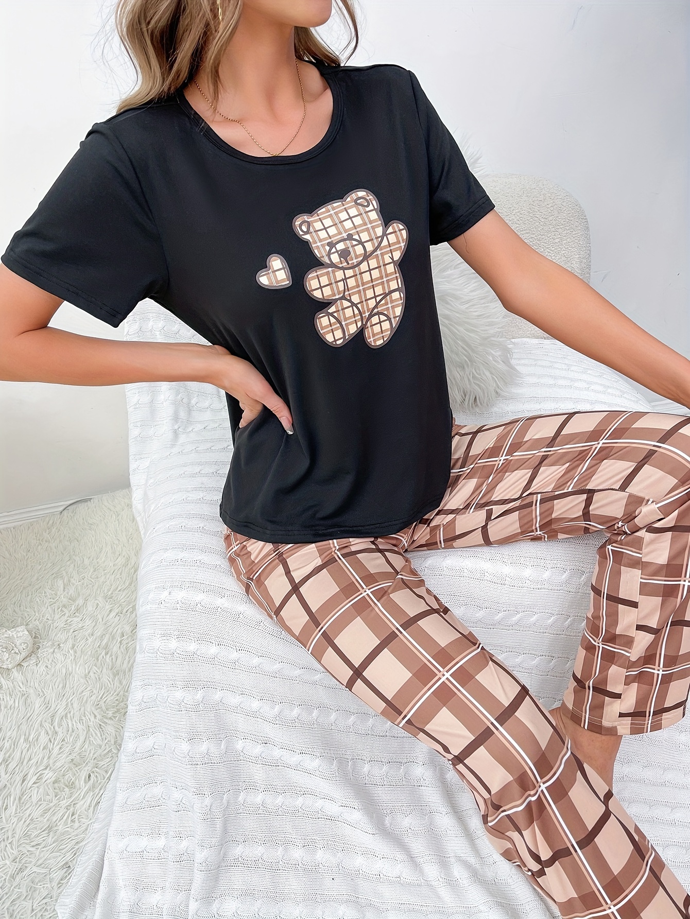 Cartoon Print Pajamas Set, Long Sleeve Crew Neck Top & Lounge Pants,  Women's Sleepwear & Loungewear