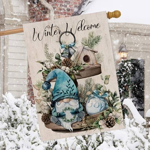 1pc winter welcome gnome garden flag joy double sided decorative house yard pine tree branch pinecone birdhouse tiered tray outdoor small decor christmas farmhouse home outside decorations 12x18