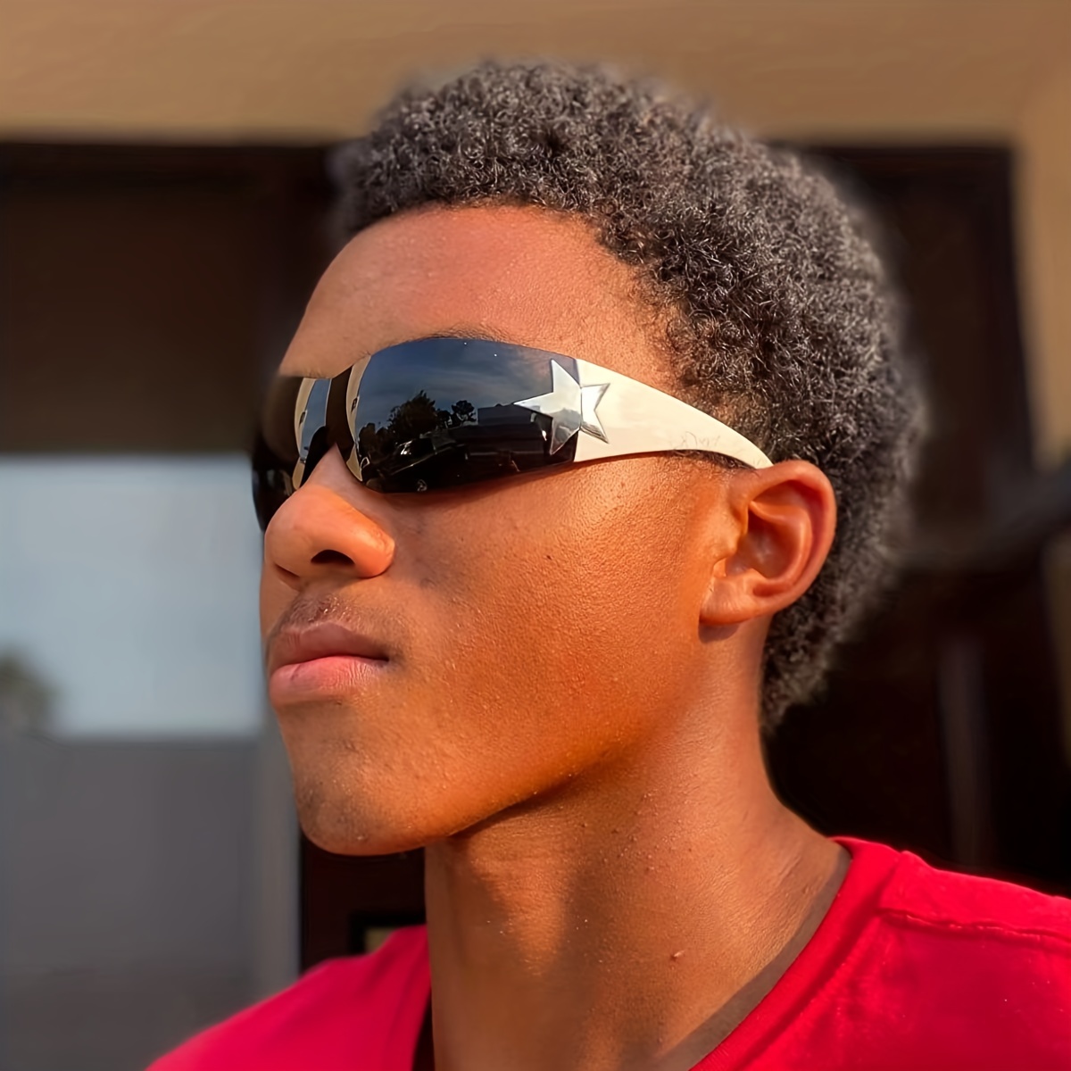 Y2K Star Sunglasses Rimless Wrap Around Futuristic Oval Glasses Eyewear for Men,Temu