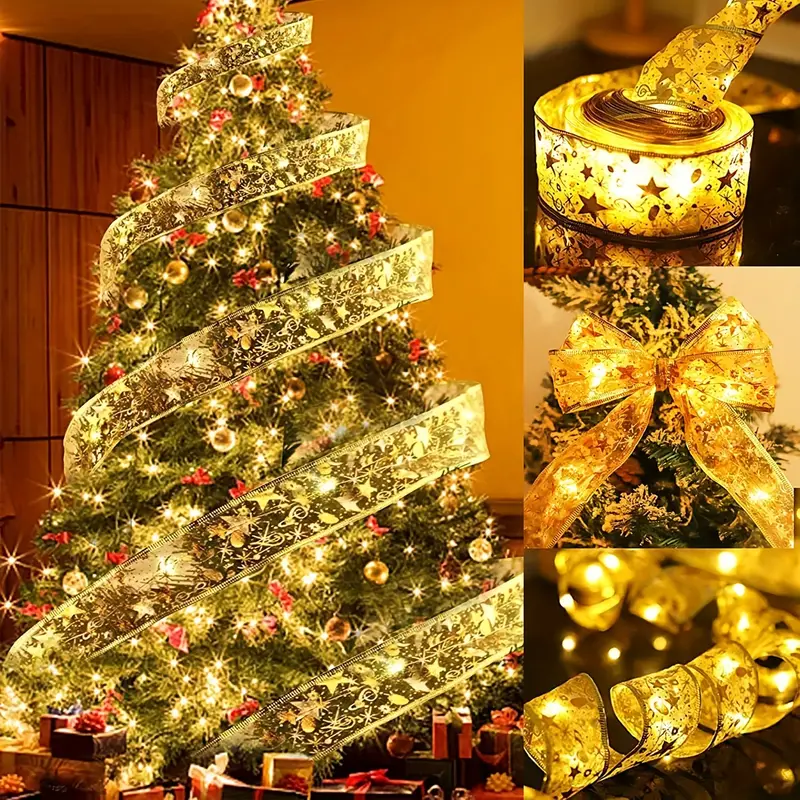 christmas tree decorations string lights 10 led lights copper wire ribbon bows lights for party weddings holiday christmas tree decorations golden warm light battery powered for hotel catering event holding details 1